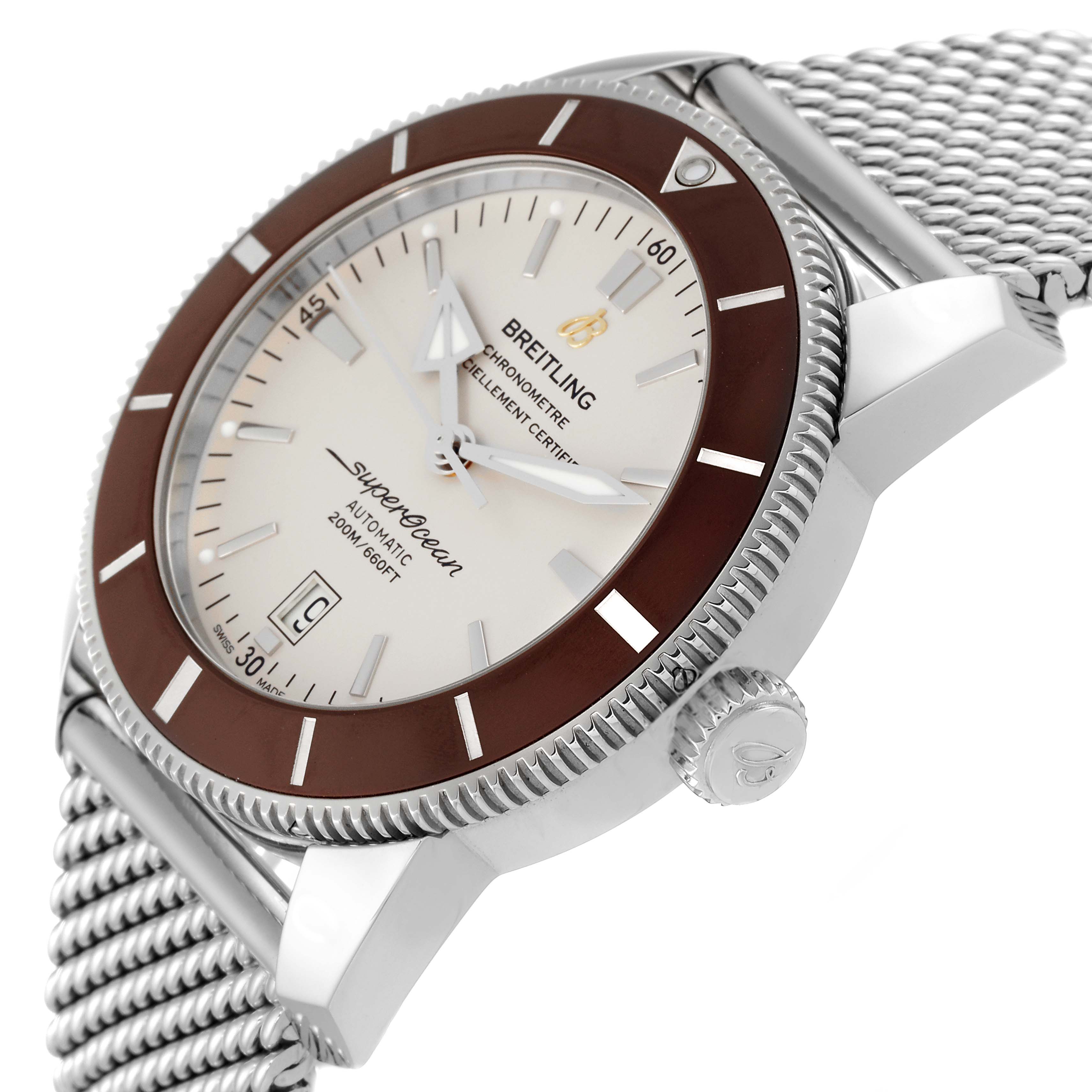 This image shows a close-up, angled view of the face, bezel, crown, and mesh strap of the Breitling Superocean AB202033/G828 Men's Stainless Steel Silver Dial AB202033/G828 Men's Stainless Steel Silver Dial watch.