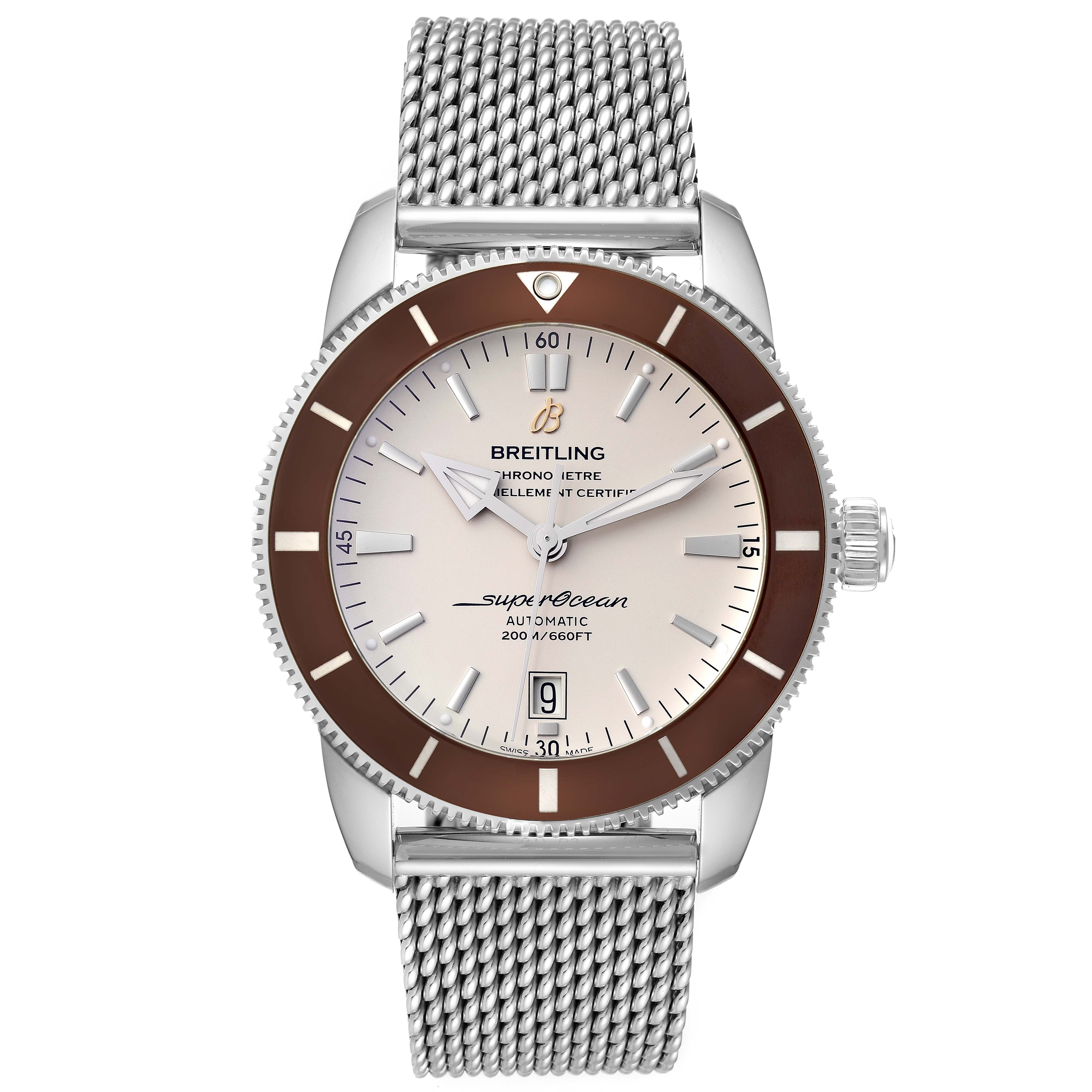 The image shows a front view of a Breitling Superocean AB202033/G828 Men's Stainless Steel Silver Dial AB202033/G828 Men's Stainless Steel Silver Dial watch with a mesh metal band and a brown bezel.