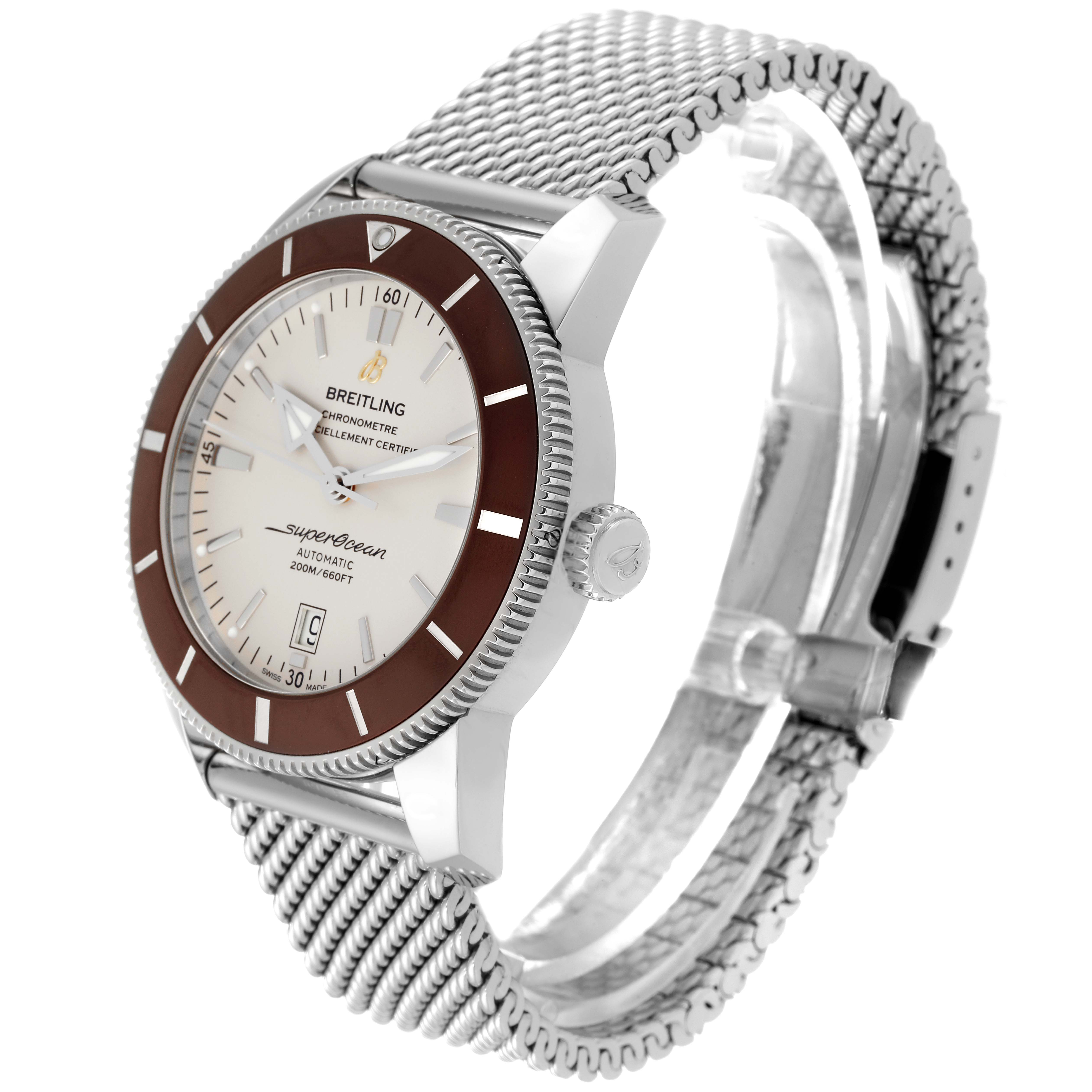 The image shows a side angle of the Breitling Superocean AB202033/G828 Men's Stainless Steel Silver Dial AB202033/G828 Men's Stainless Steel Silver Dial watch, highlighting its dial, bezel, crown, and mesh bracelet.