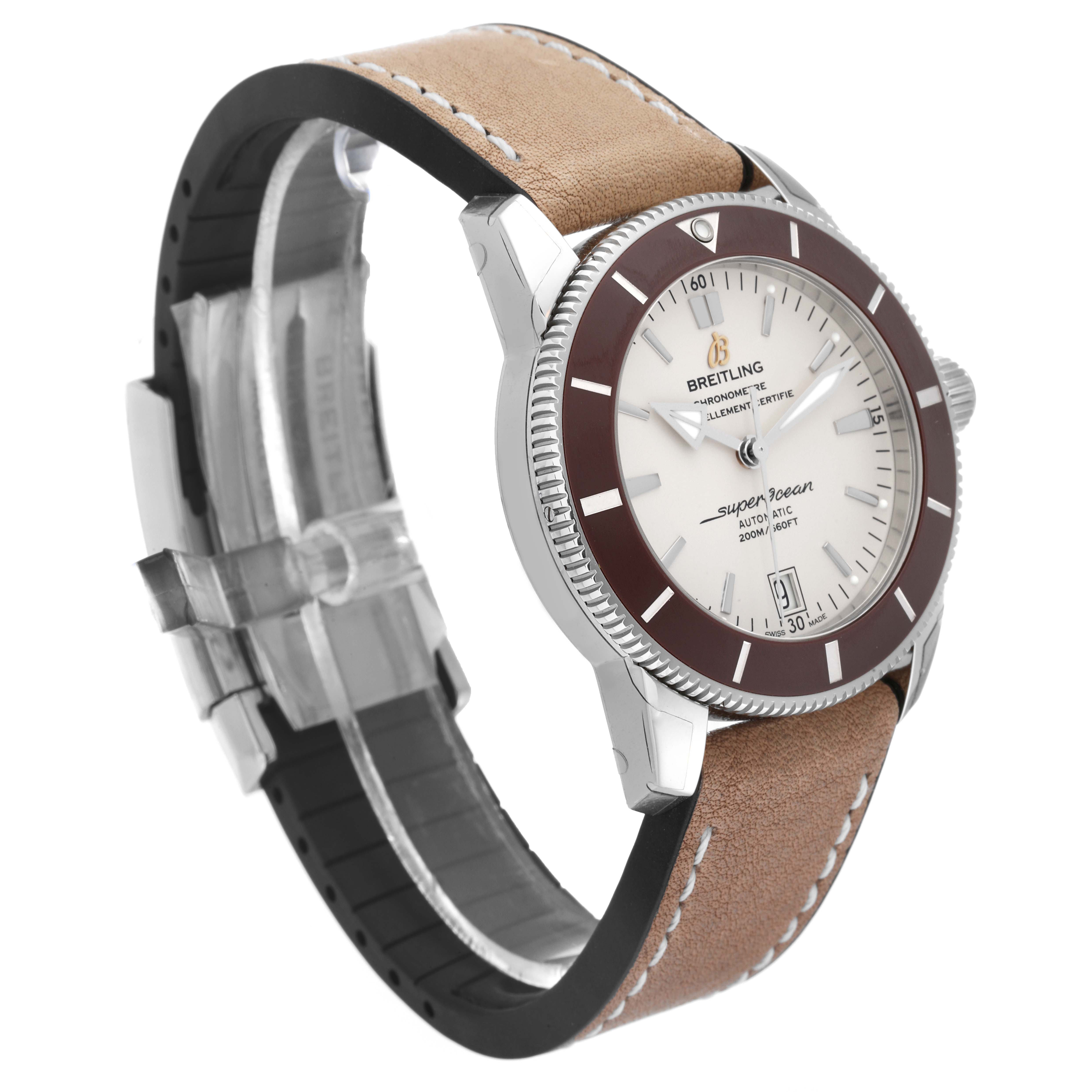 The Breitling Superocean AB201033/G827 Men's Stainless Steel Silver Dial AB201033/G827 Men's Stainless Steel Silver Dial watch is shown at a slight angle, displaying its face, bezel, and leather strap.