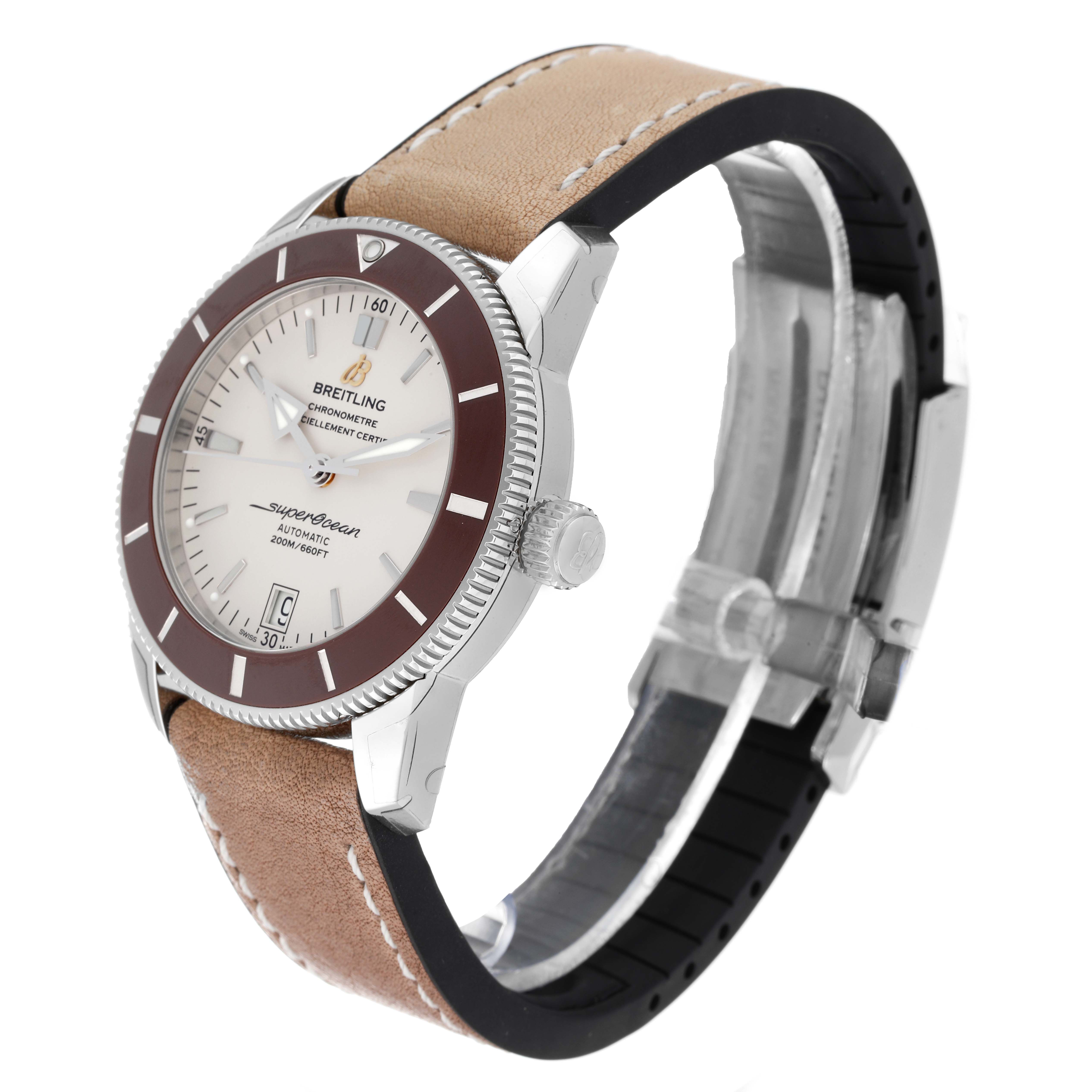The Breitling Superocean AB201033/G827 Men's Stainless Steel Silver Dial AB201033/G827 Men's Stainless Steel Silver Dial watch is shown at a three-quarter angle, highlighting its beige leather strap, dial, and bezel.