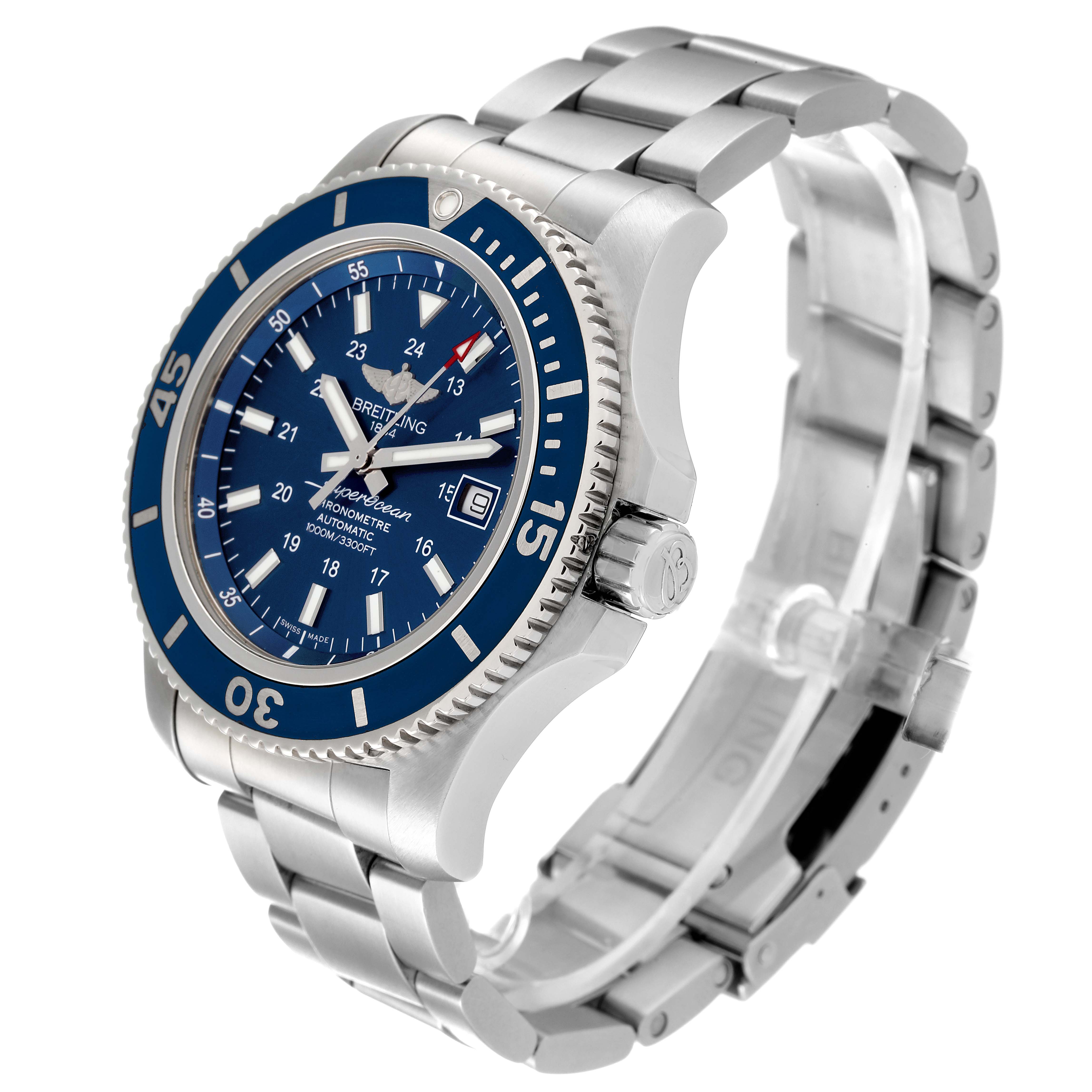 The image shows a side angle of the Breitling Superocean A17392 Men's Stainless Steel Blue Dial A17392 Men's Stainless Steel Blue Dial watch, highlighting its blue dial, bezel, and metal bracelet.