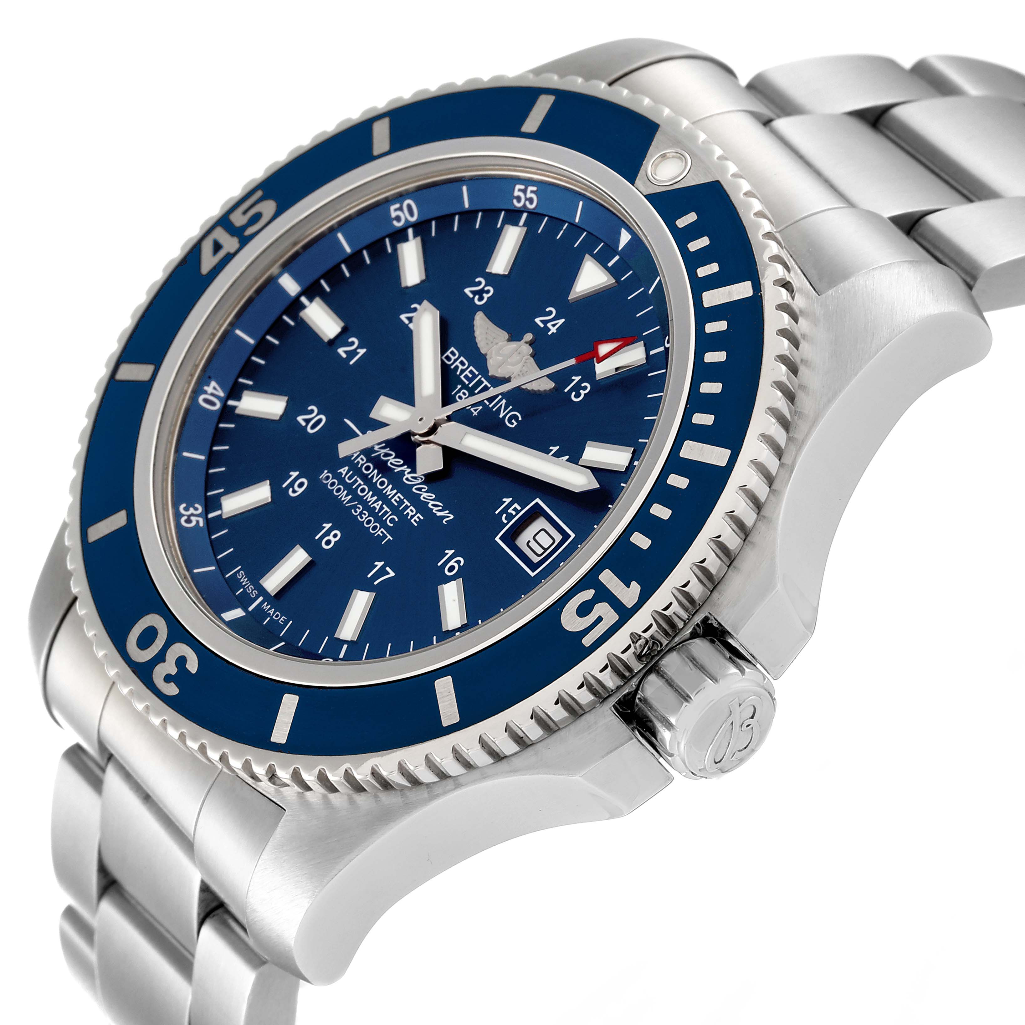 The image shows a side angle of a Breitling Superocean A17392 Men's Stainless Steel Blue Dial A17392 Men's Stainless Steel Blue Dial watch, highlighting its blue dial, bezel, and stainless steel bracelet.