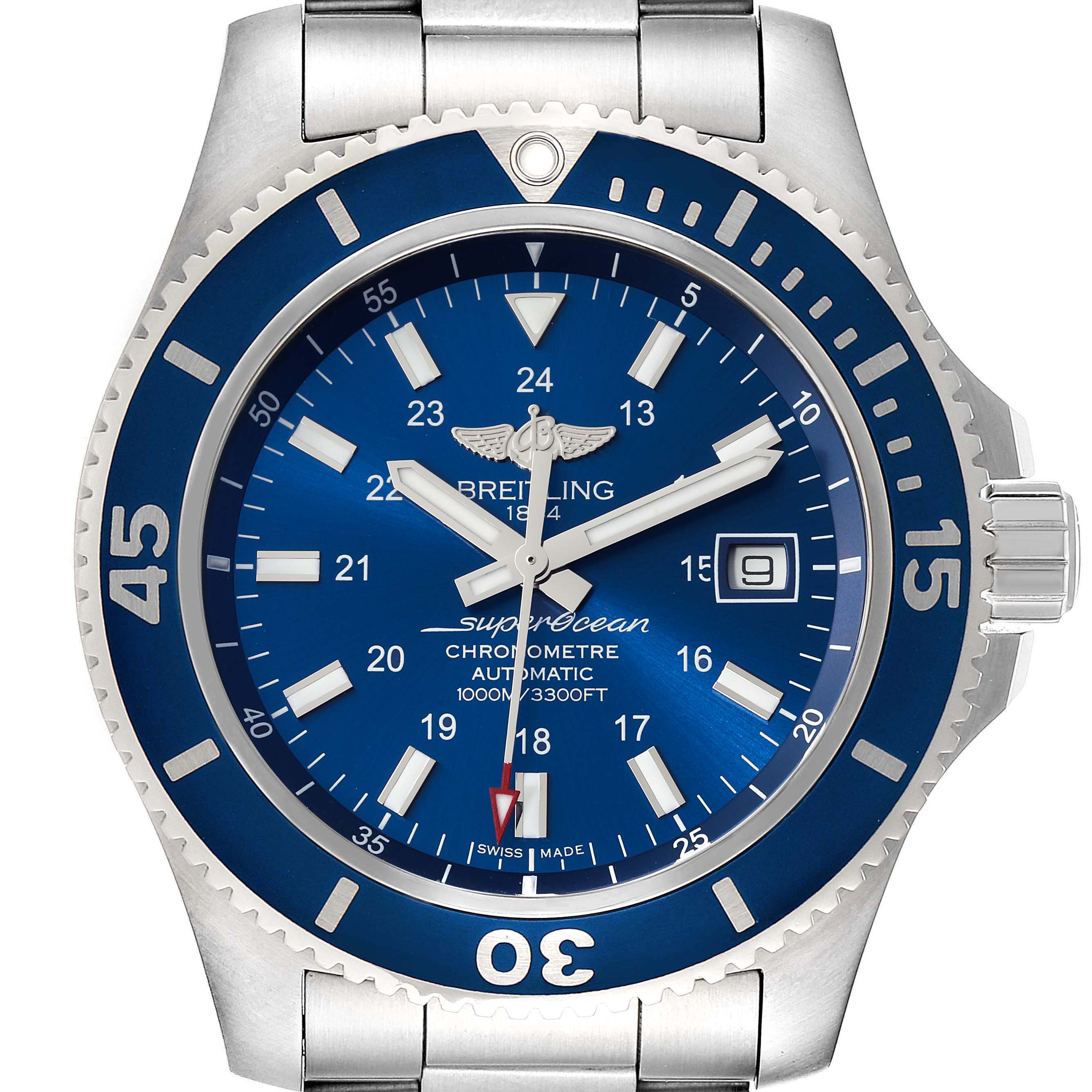 The image shows a front view of a Breitling Superocean A17392 Men's Stainless Steel Blue Dial A17392 Men's Stainless Steel Blue Dial watch, focusing on the dial, bezel, and part of the bracelet.