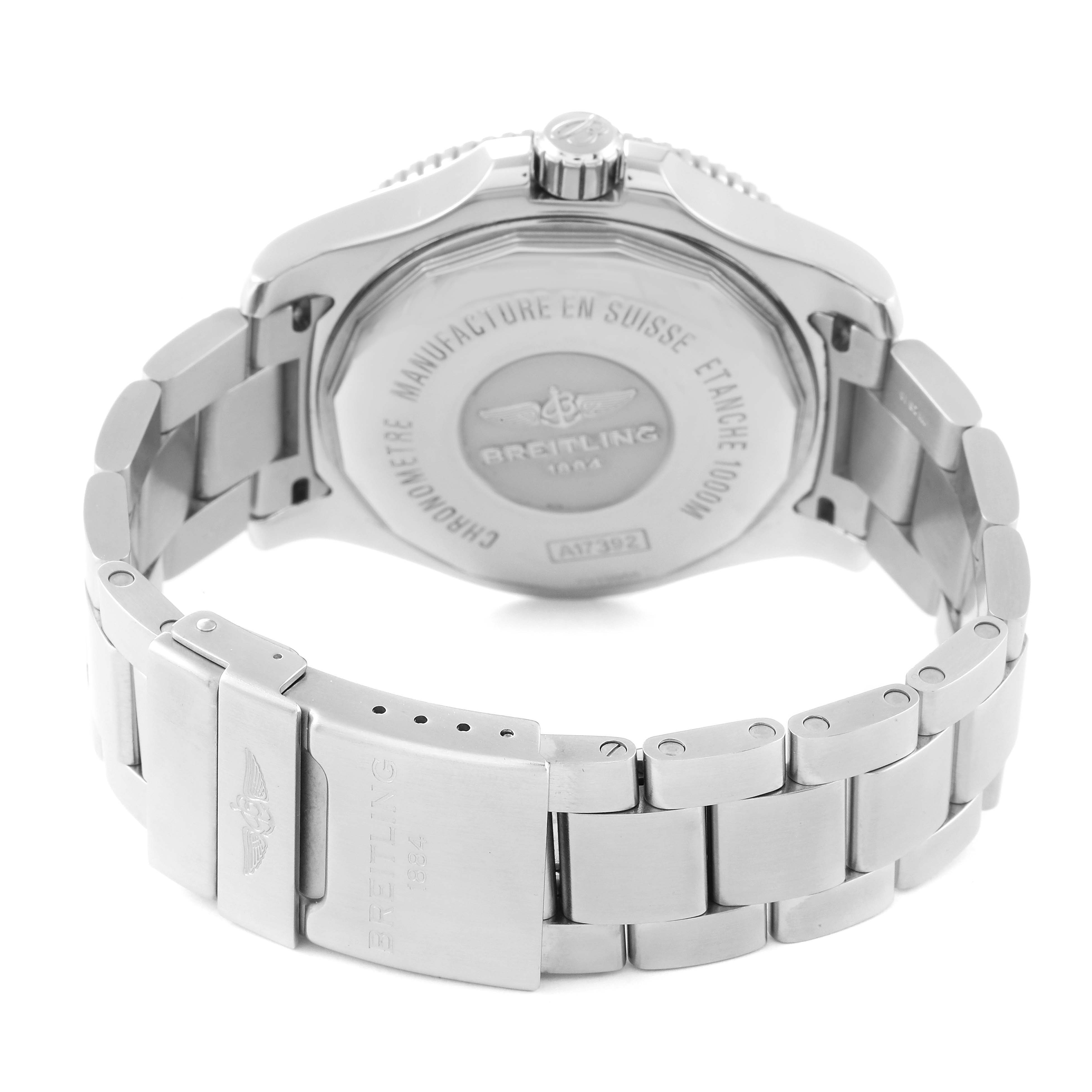 The image shows the back case and bracelet of the Breitling Superocean A17392 Men's Stainless Steel Blue Dial A17392 Men's Stainless Steel Blue Dial watch, including the clasp and crown.