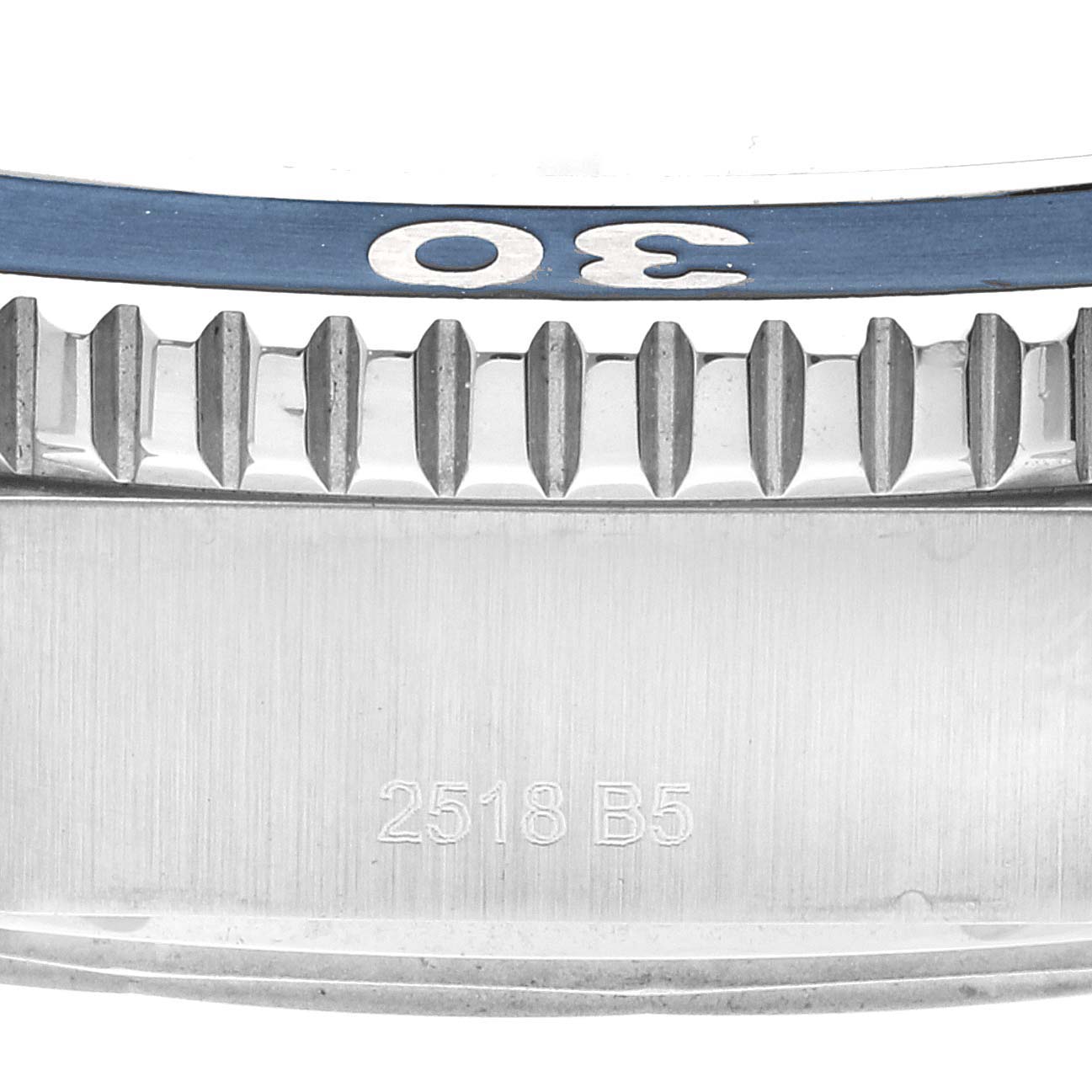 This image shows a close-up of the bezel and case side of the Breitling Superocean A17392 Men's Stainless Steel Blue Dial A17392 Men's Stainless Steel Blue Dial watch, displaying the 30-minute marker and a serial number.