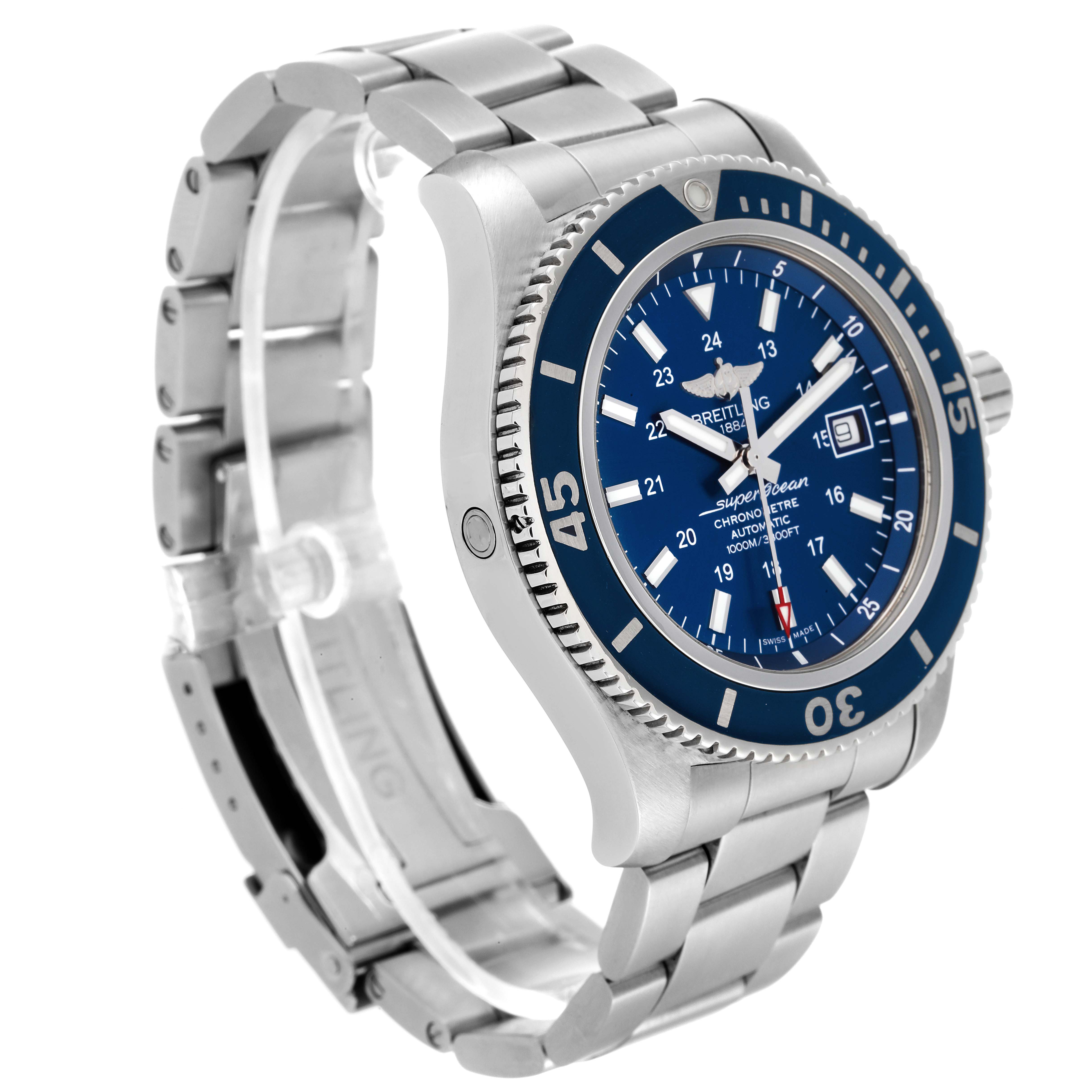 The Breitling Superocean A17392 Men's Stainless Steel Blue Dial A17392 Men's Stainless Steel Blue Dial watch is shown at a three-quarter angle, displaying its face, bezel, crown, and metal bracelet.