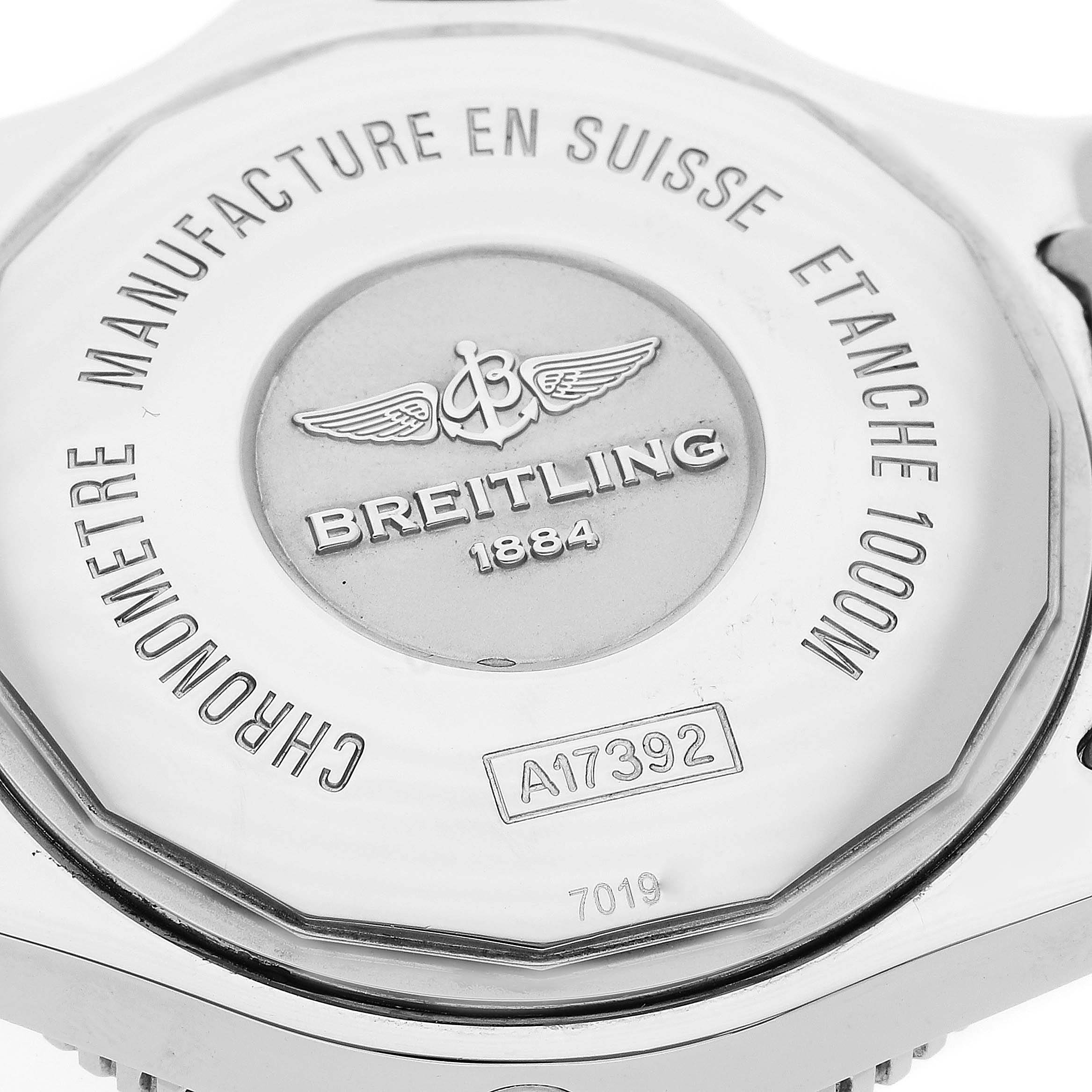 The image shows the back of a Breitling Superocean A17392 Men's Stainless Steel Blue Dial A17392 Men's Stainless Steel Blue Dial watch, highlighting the engraved branding and specifications.