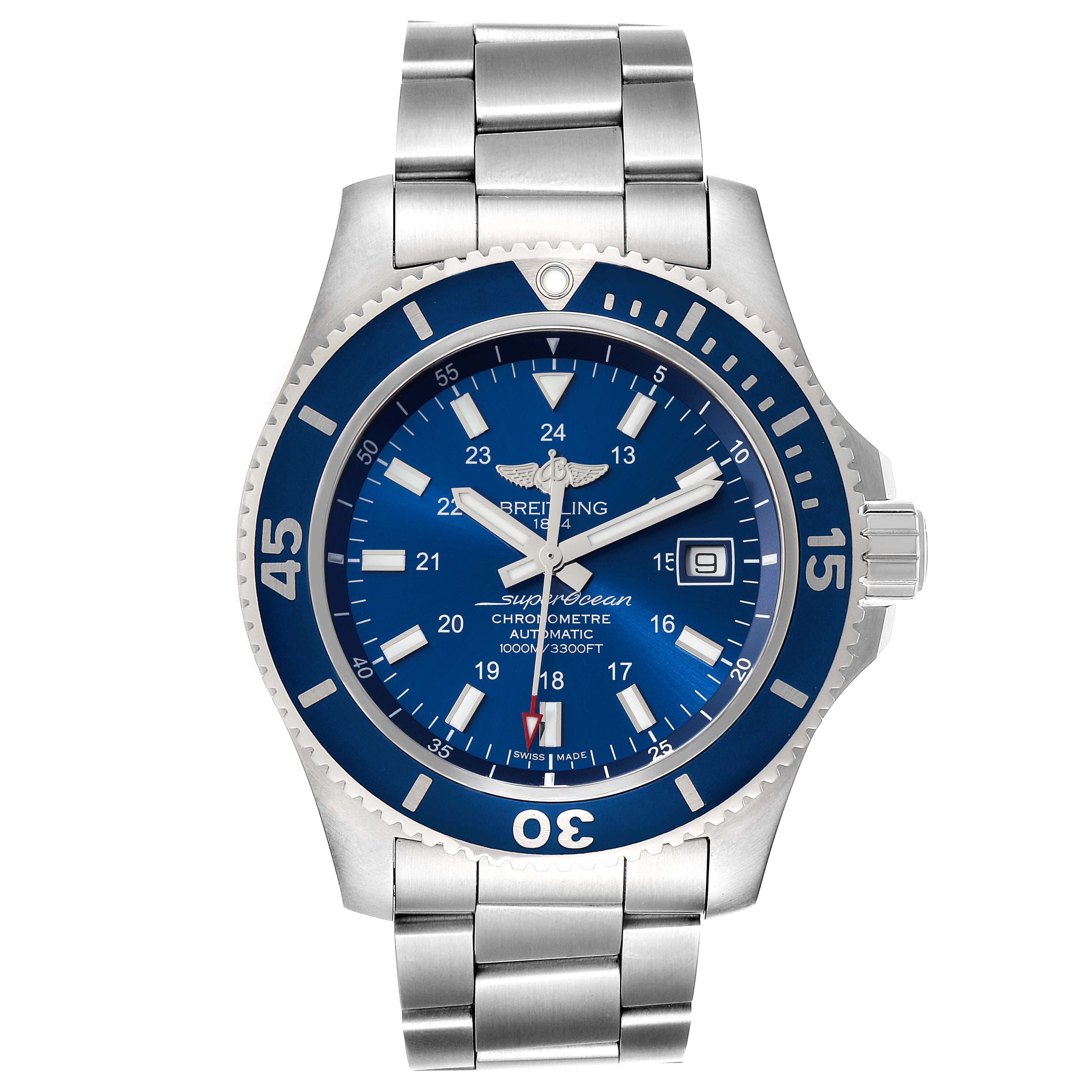 The image shows a frontal view of the Breitling Superocean A17392 Men's Stainless Steel Blue Dial A17392 Men's Stainless Steel Blue Dial watch, displaying its blue dial, silver bracelet, and bezel.
