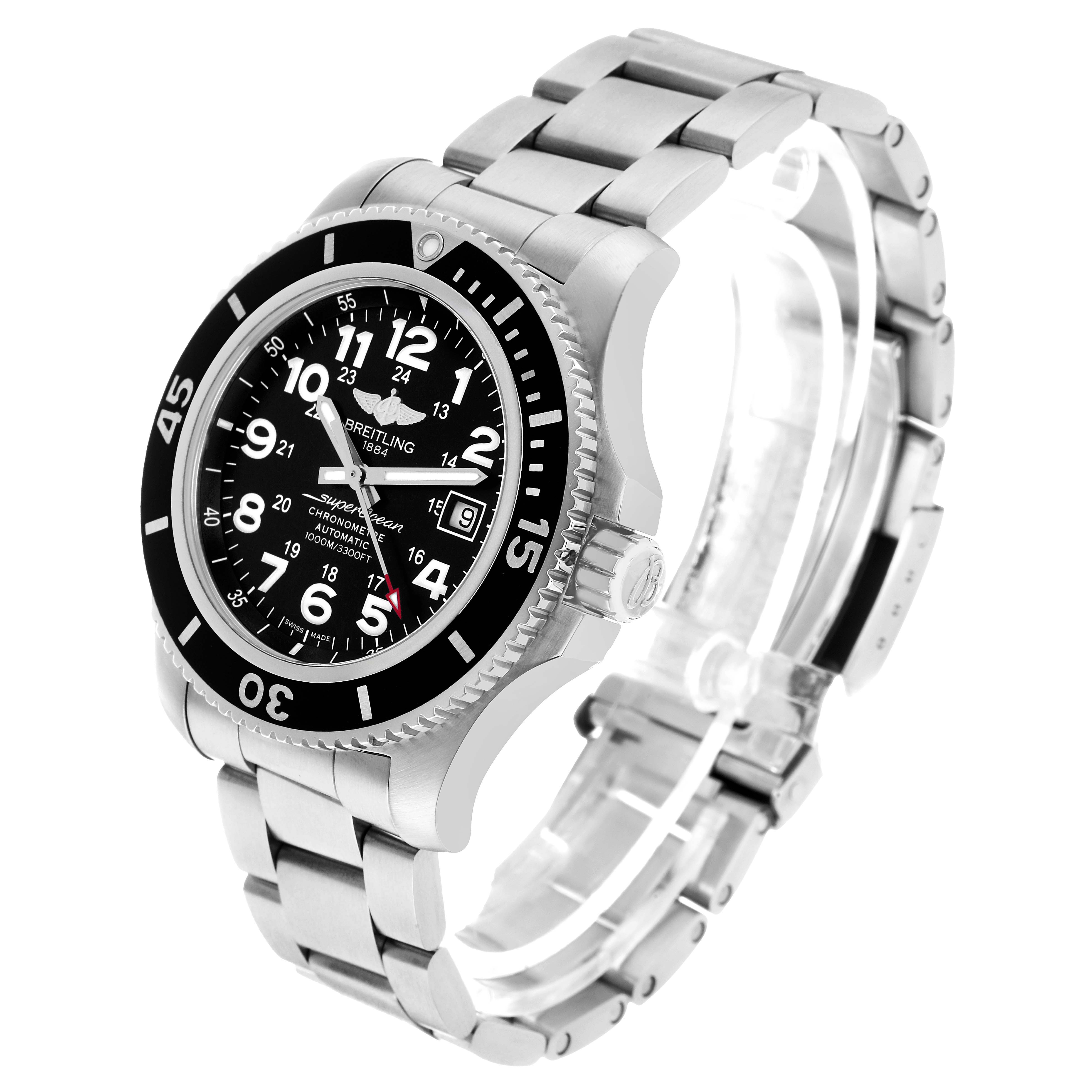 The Breitling Superocean A17392 Men's Stainless Steel Black Dial watch is shown at a three-quarter angle, displaying the face, bezel, crown, and bracelet.