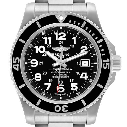 The Breitling Superocean A17392 Men's Stainless Steel Black Dial watch is shown from the front, highlighting its bezel, dial, hands, and crown.