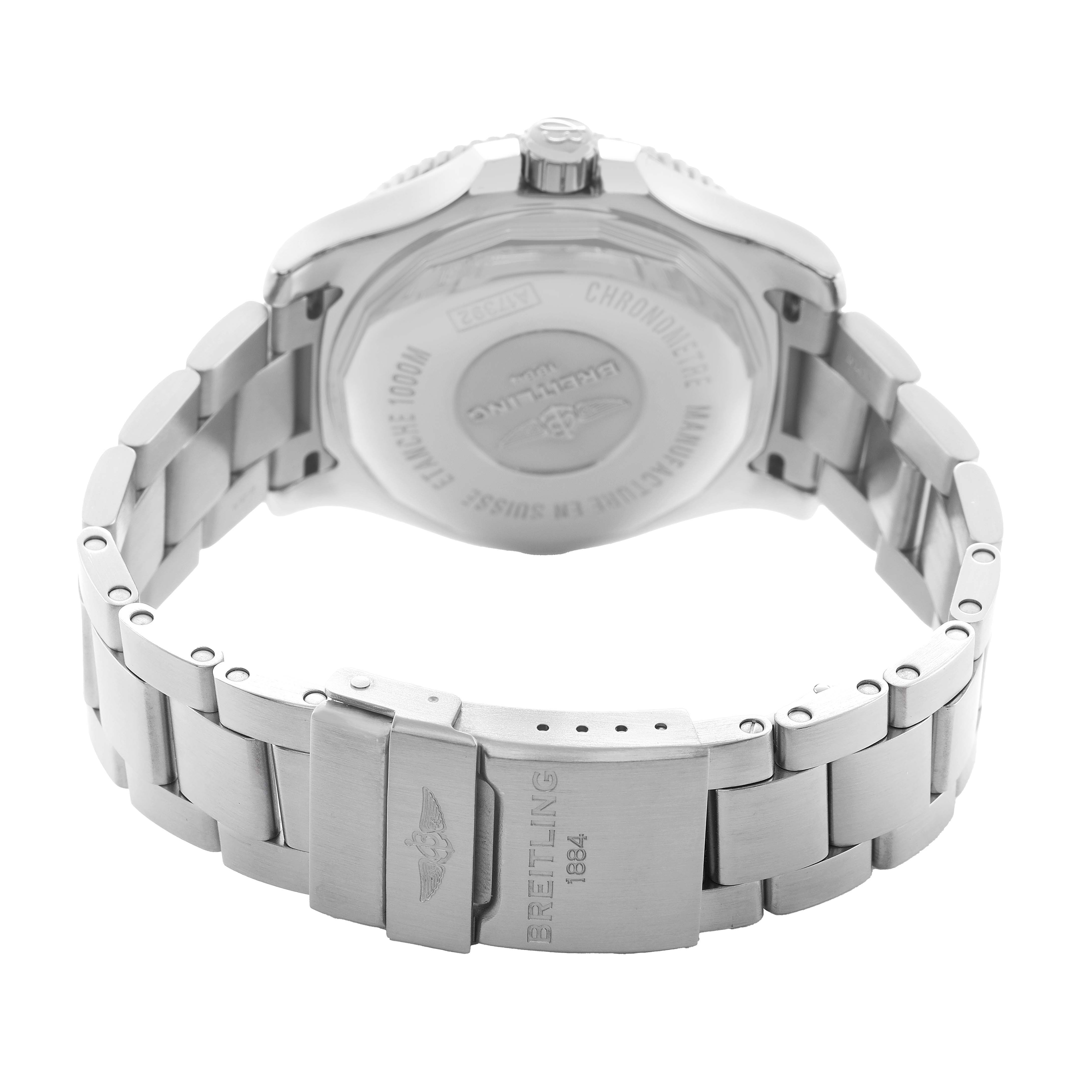 The image shows the Breitling Superocean A17392 Men's Stainless Steel Black Dial watch from the back, highlighting the case back and metal bracelet with the clasp open.