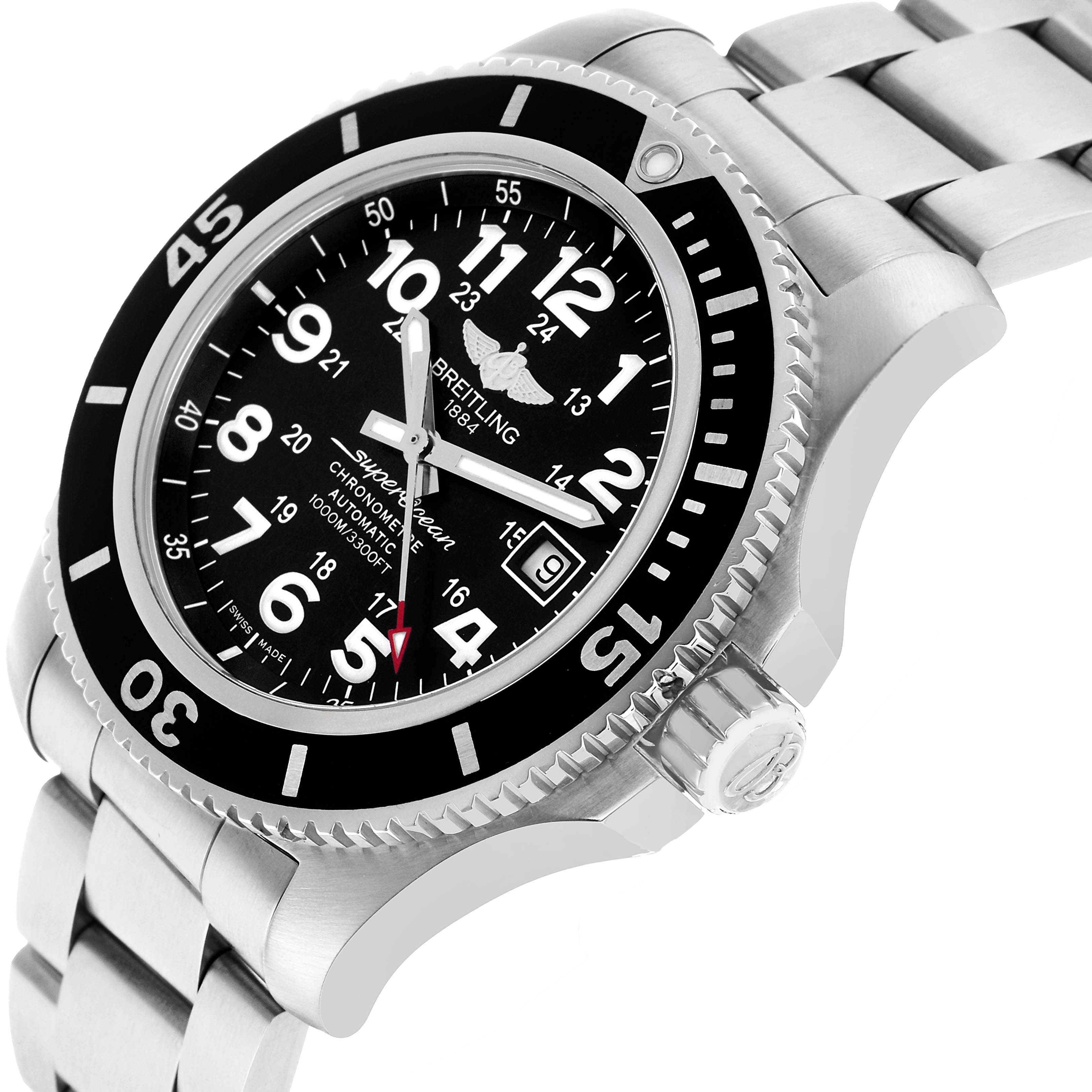 The Breitling Superocean A17392 Men's Stainless Steel Black Dial watch is shown at a slight angle, displaying its bezel, crown, dial, and part of the bracelet.