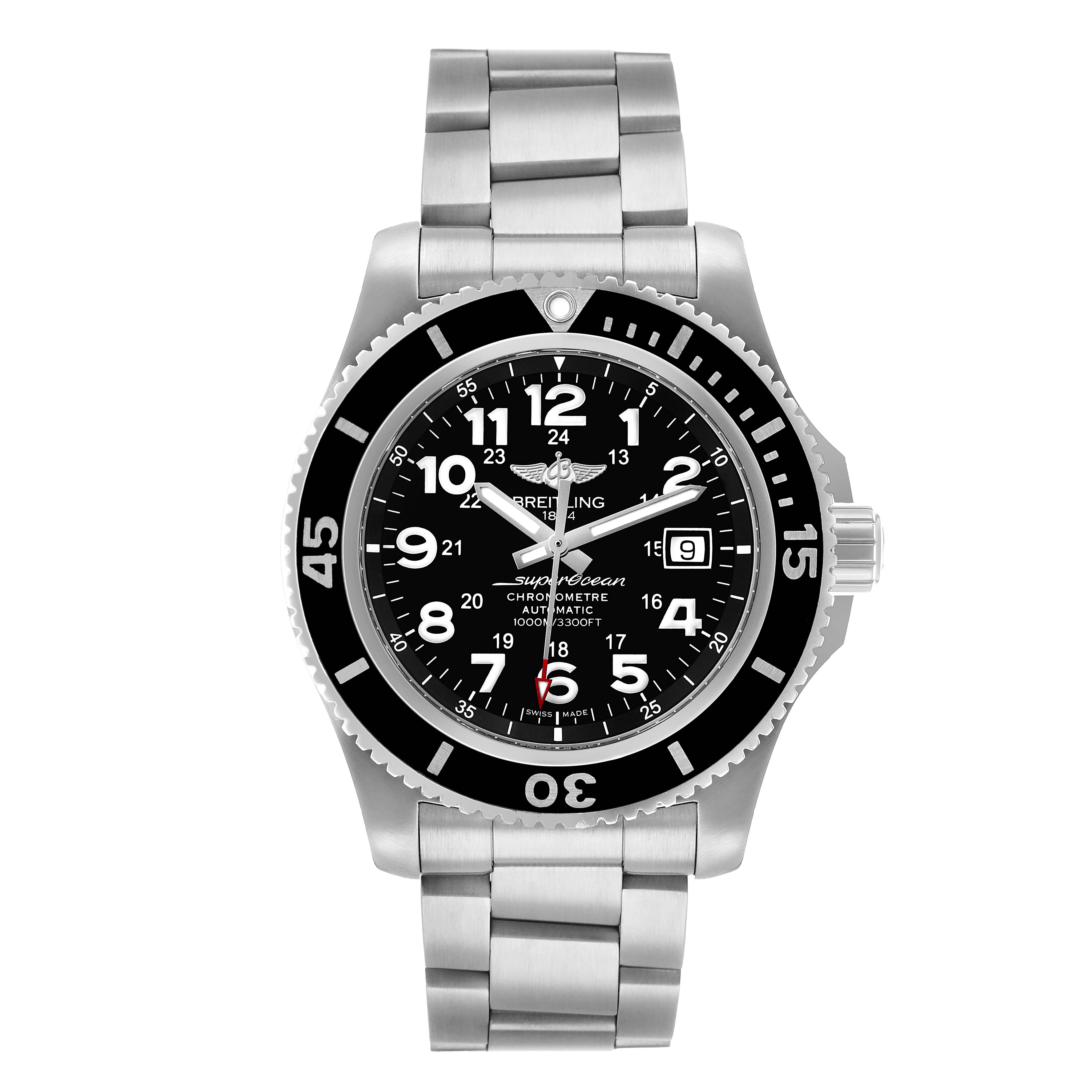 The image shows a frontal view of the Breitling Superocean A17392 Men's Stainless Steel Black Dial watch, highlighting its dial, bezel, and bracelet.