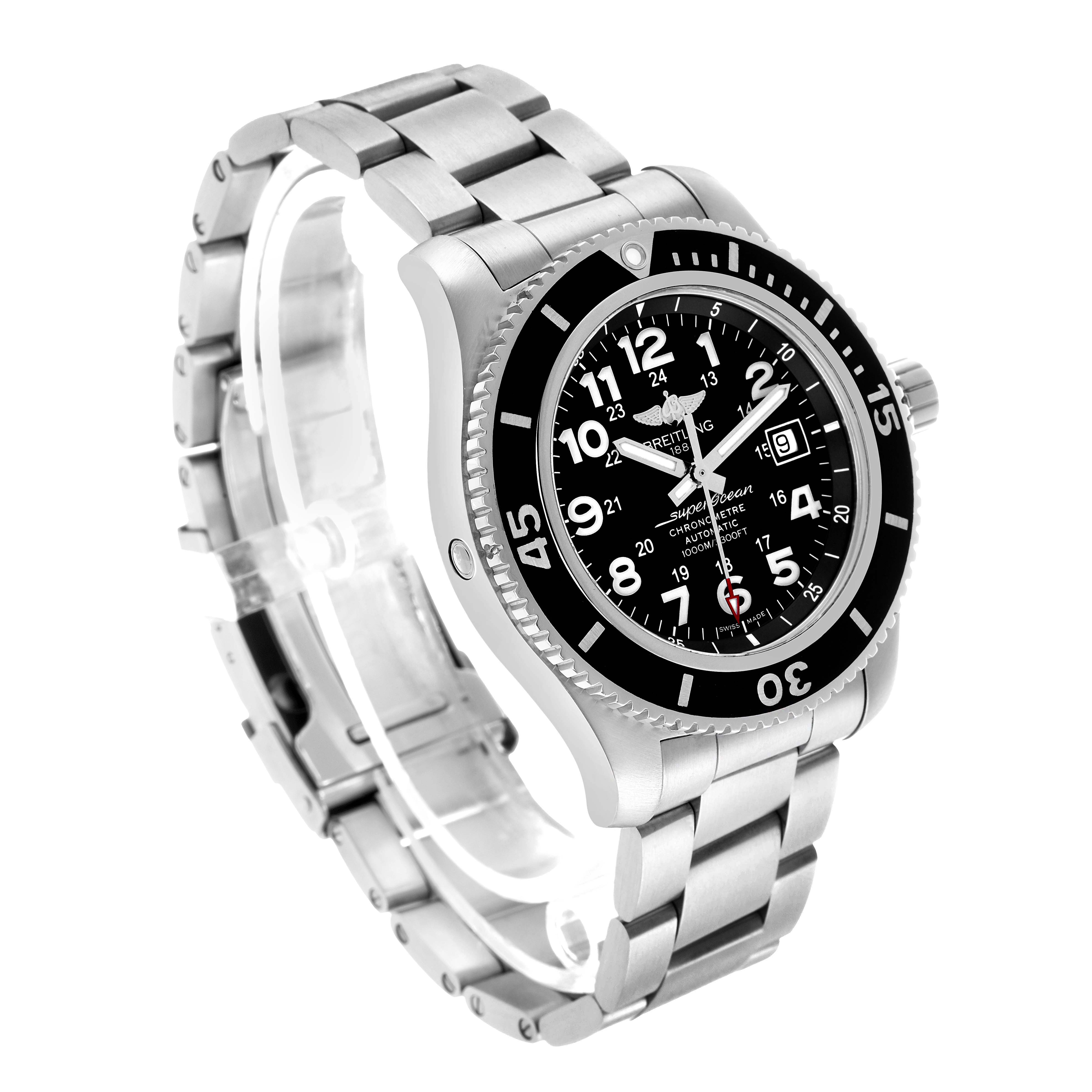 The Breitling Superocean A17392 Men's Stainless Steel Black Dial watch is shown at a three-quarter angle, displaying the face, bezel, and stainless steel bracelet.