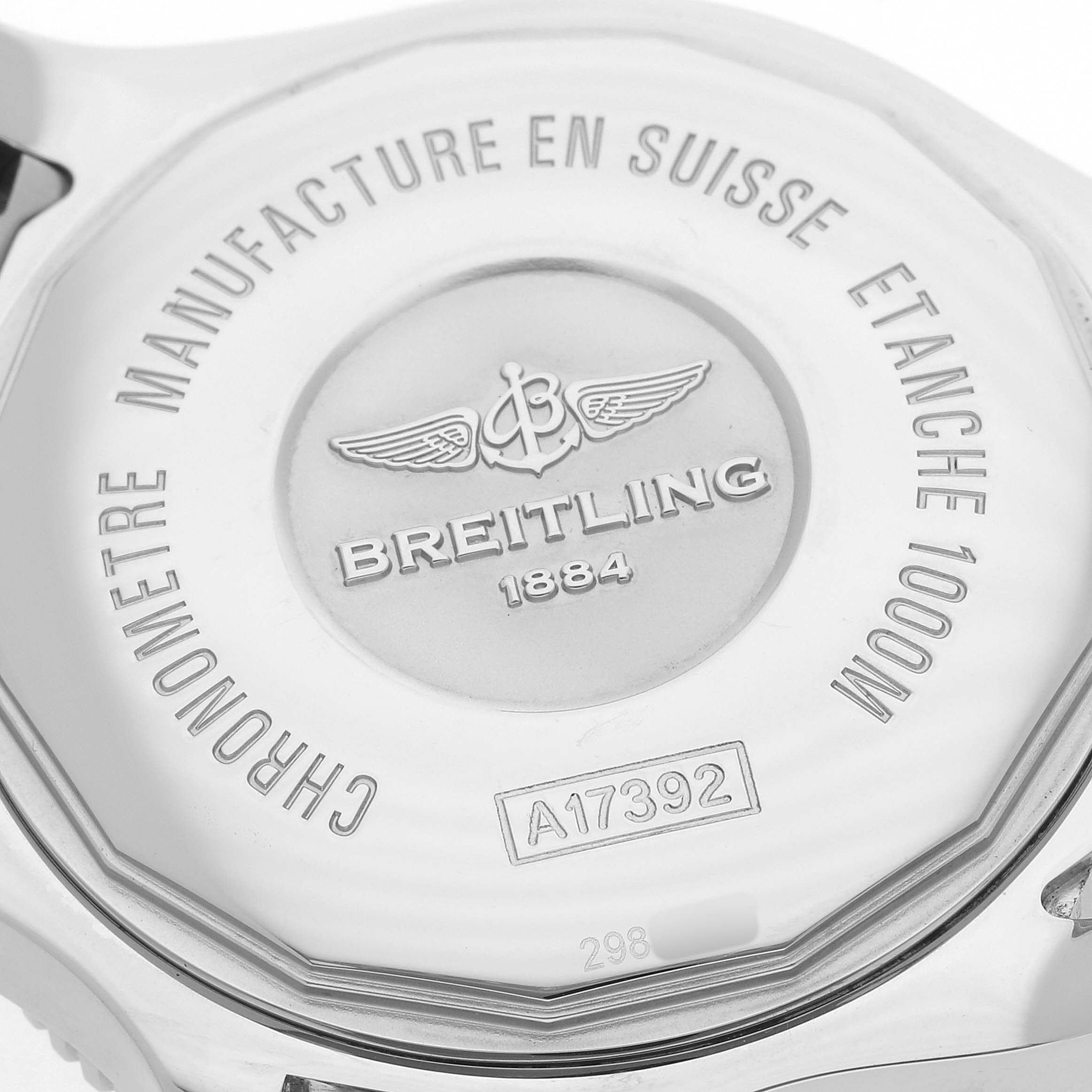 The image shows the case back of a Breitling Superocean A17392 Men's Stainless Steel Black Dial watch, highlighting its engravings and model number.