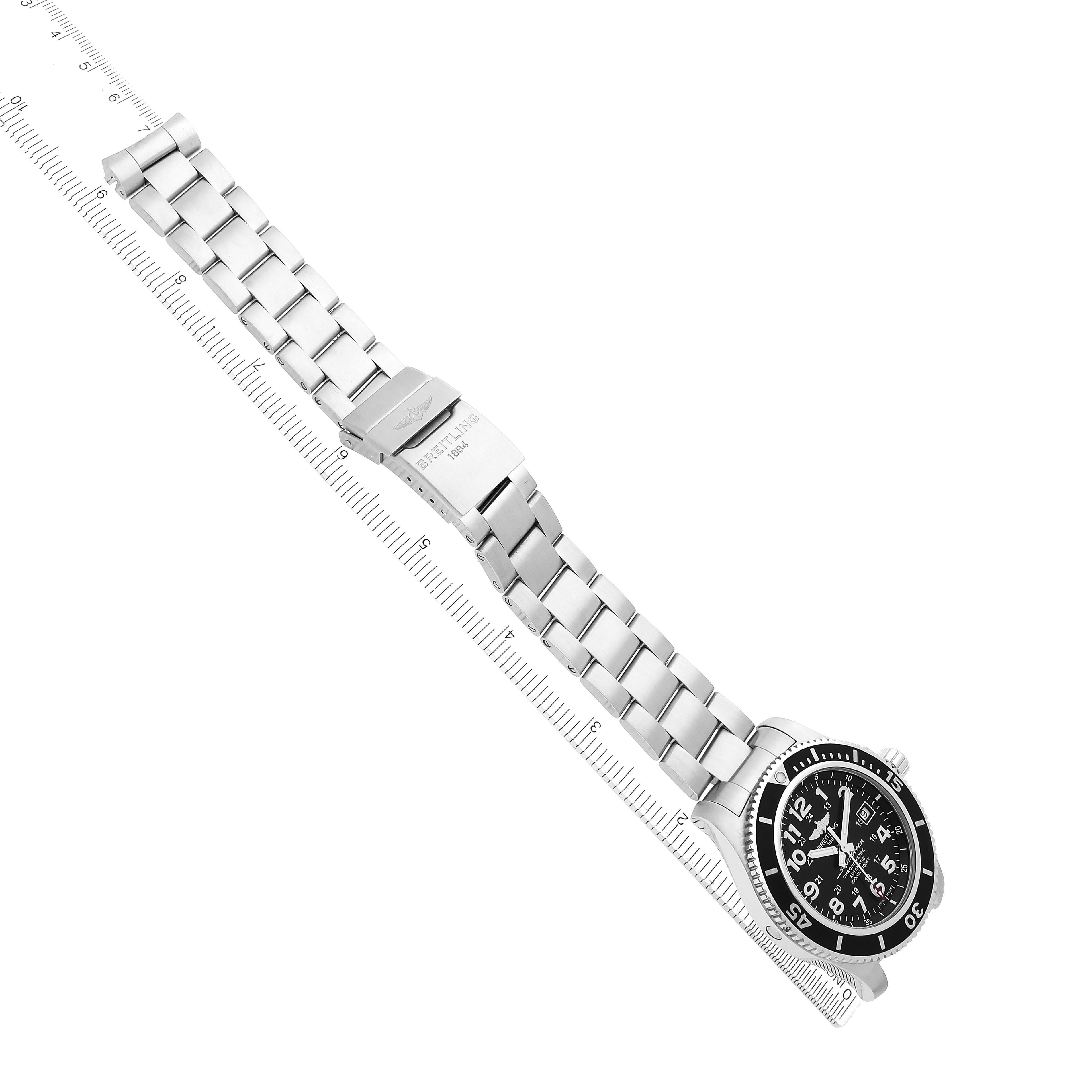 The Breitling Superocean A17392 Men's Stainless Steel Black Dial watch is shown from an angled top view, displaying the face, bezel, and full metal bracelet.