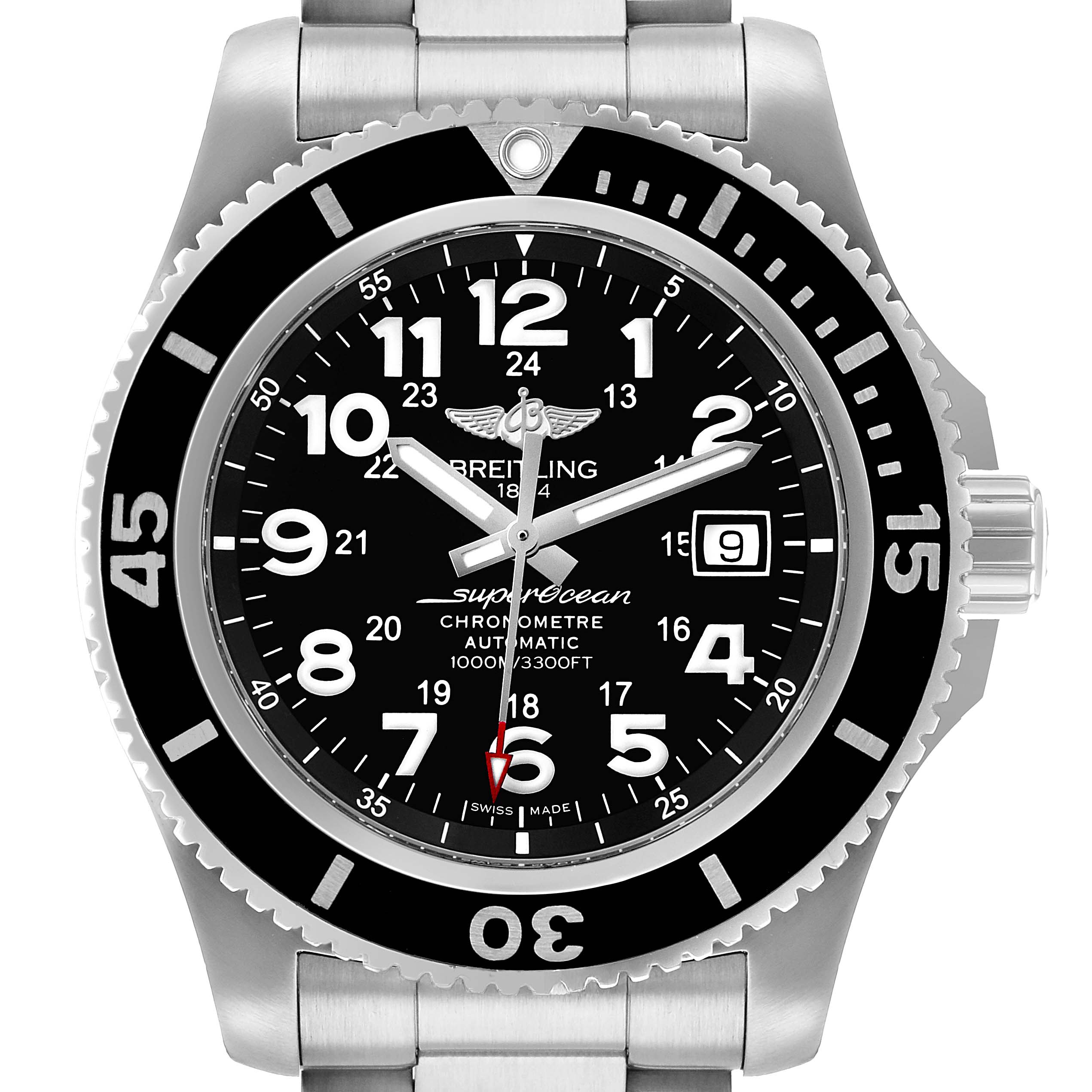 The Breitling Superocean A17392 Men's Stainless Steel Black Dial watch is shown from a top view, highlighting the black dial, bezel, and stainless steel bracelet.