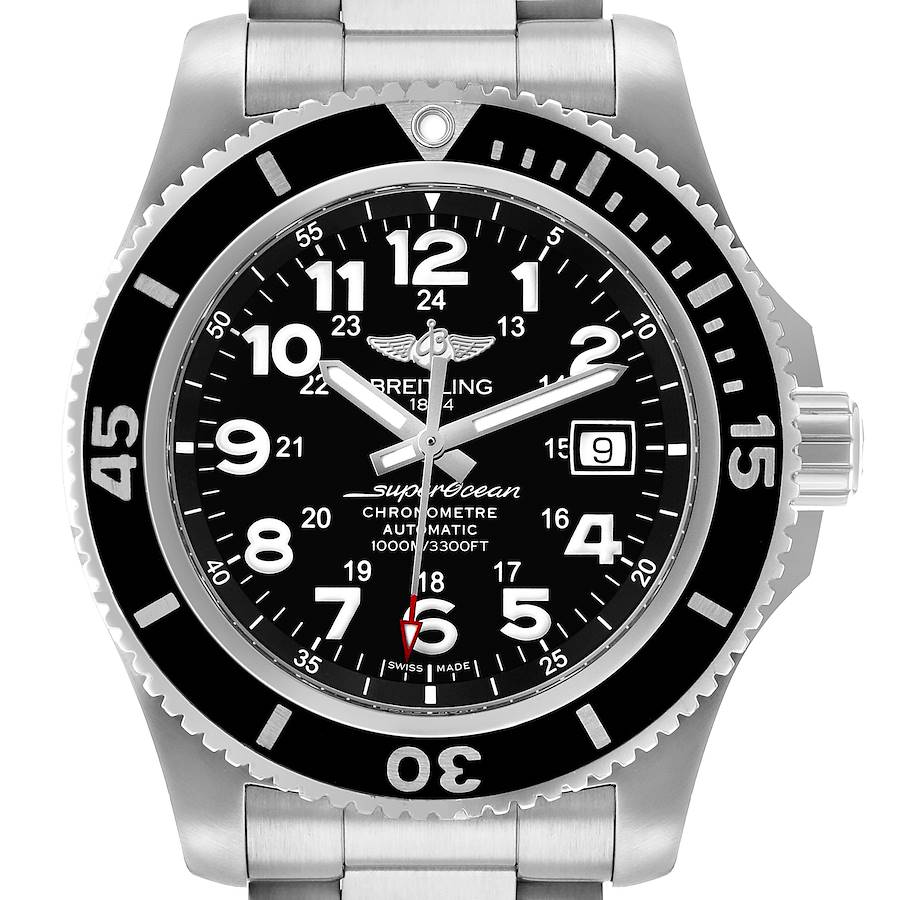 The Breitling Superocean A17392 Men's Stainless Steel Black Dial watch is shown from a top view, highlighting the black dial, bezel, and stainless steel bracelet.