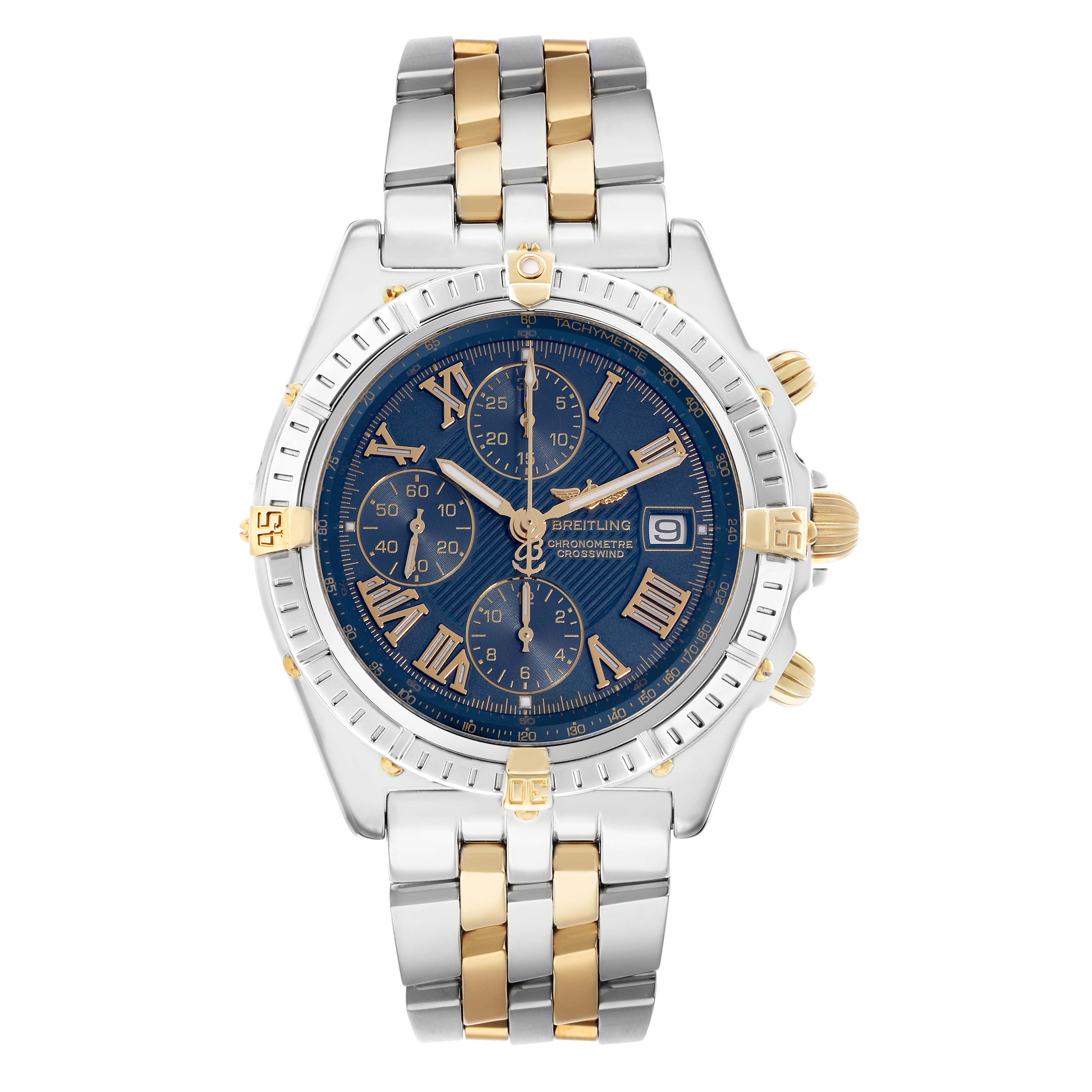 The Breitling Windrider B13355 Men's Steel and Gold (two tone) Blue Dial watch is shown from the front, highlighting its blue dial, gold and silver accents, and bracelet.