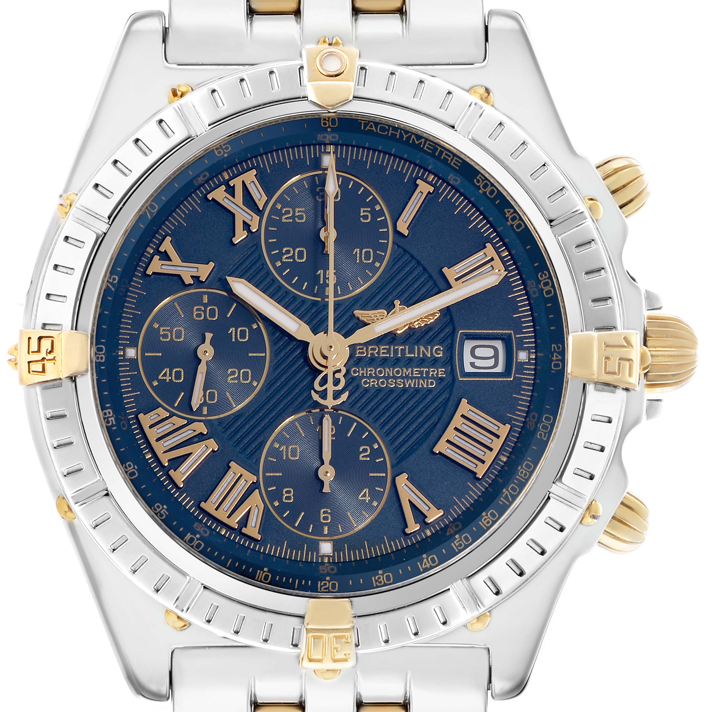 The Breitling Windrider B13355 Men's Steel and Gold (two tone) Blue Dial watch is shown from the front, highlighting its face, bezel, and part of the bracelet.