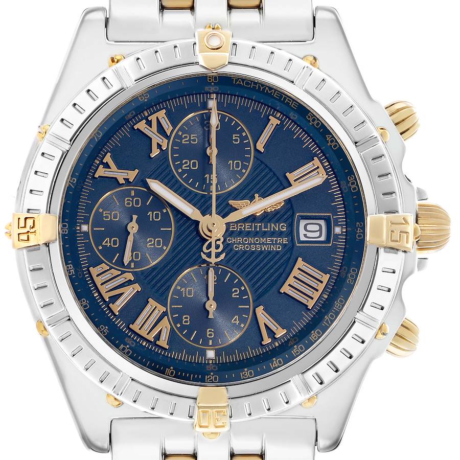 The Breitling Windrider B13355 Men's Steel and Gold (two tone) Blue Dial watch is shown from the front, highlighting its face, bezel, and part of the bracelet.