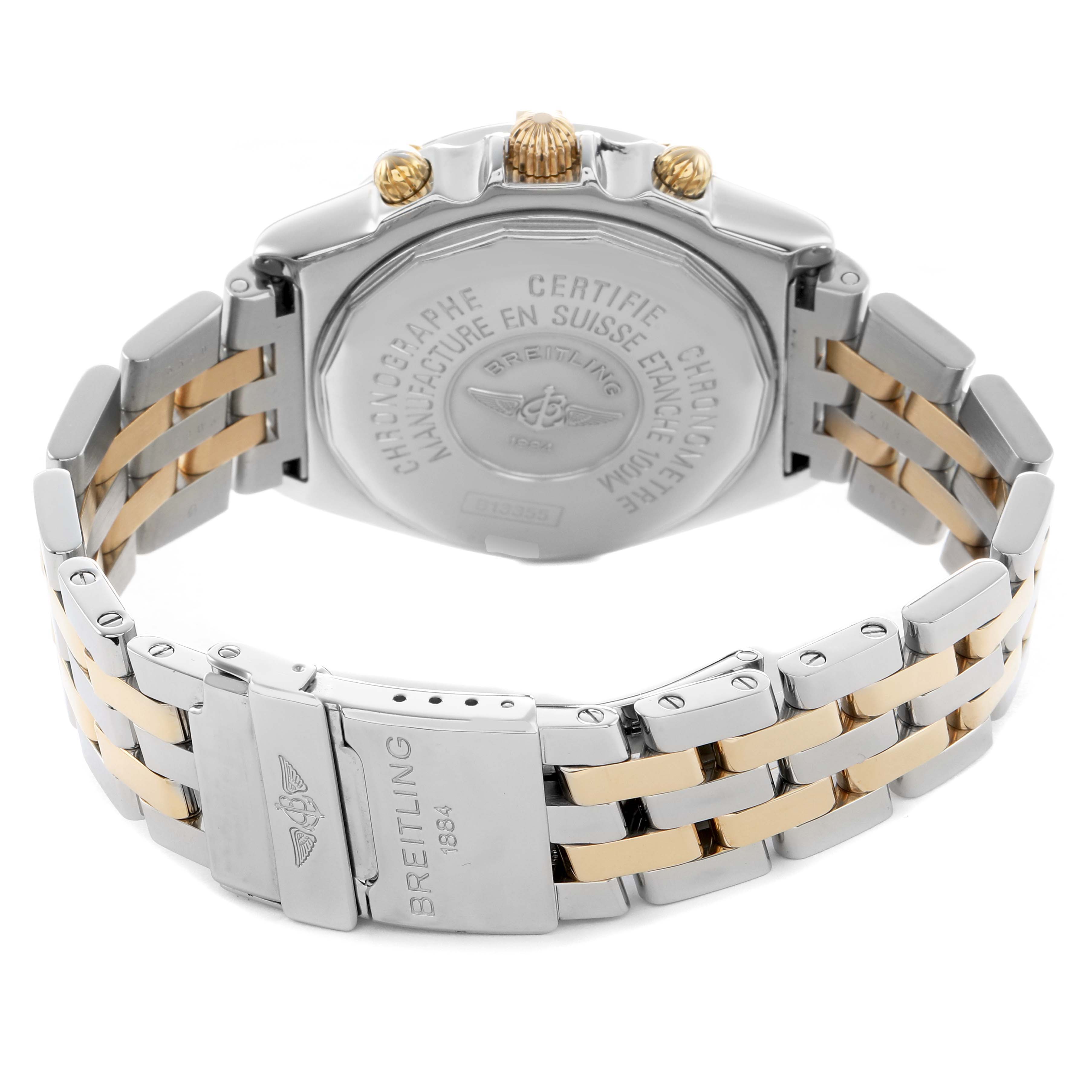 The Breitling Windrider B13355 Men's Steel and Gold (two tone) Blue Dial watch is shown from the back, highlighting the clasp and bracelet details.
