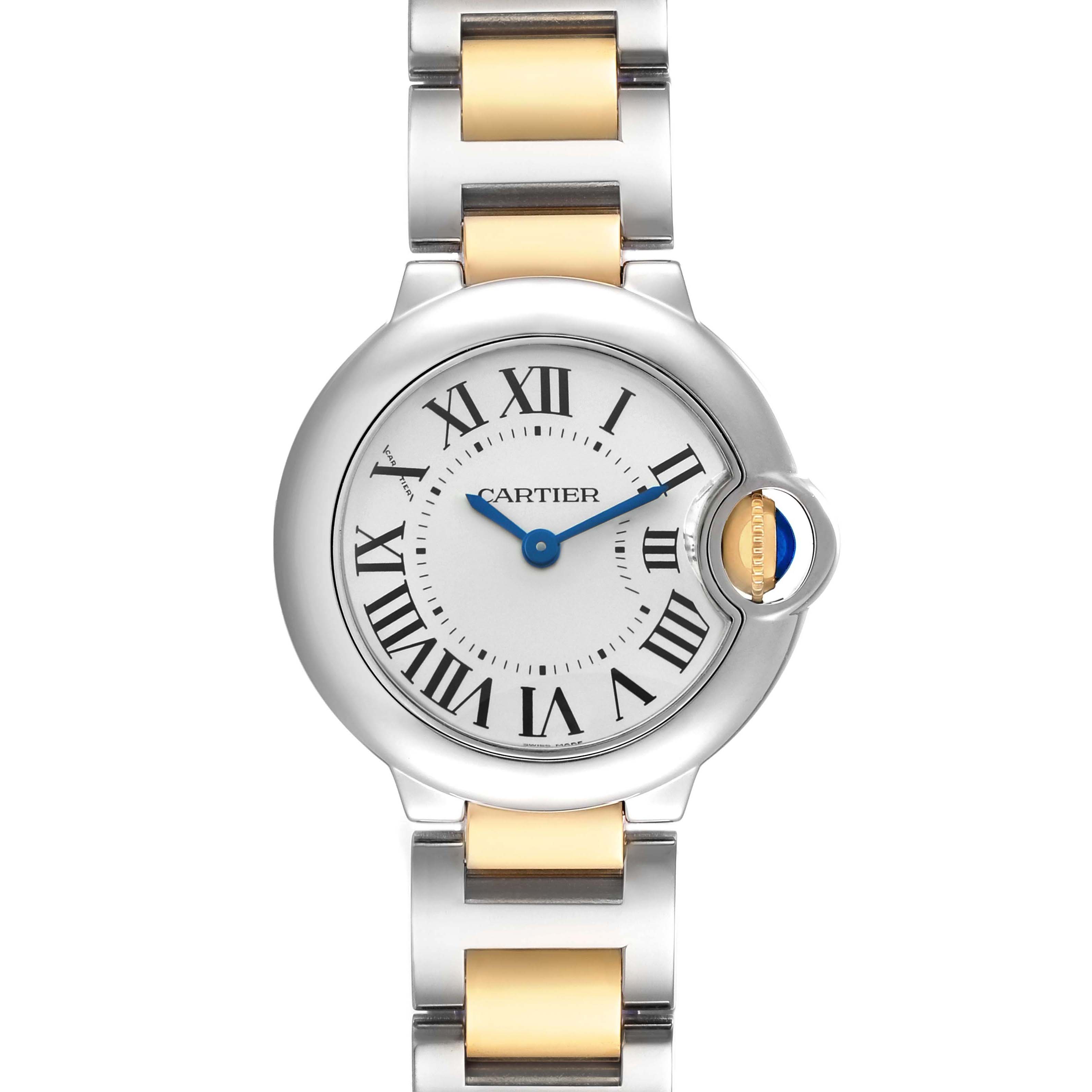 The Cartier Ballon Bleu W69007Z3 Women's Stainless Steel Silver Dial watch is shown from a front angle, displaying the face, Roman numerals, and two-tone bracelet.