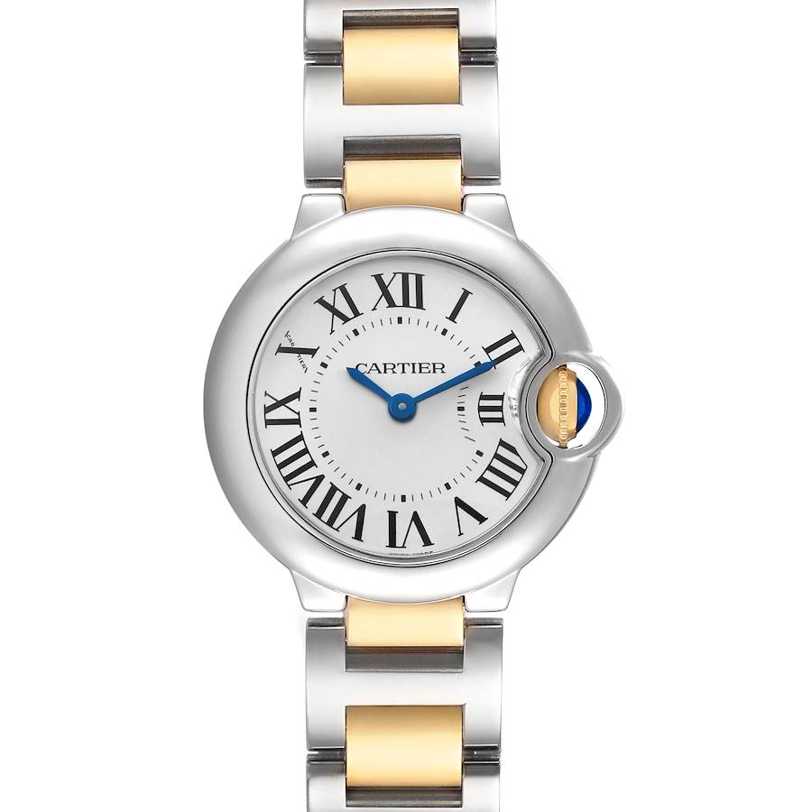 The Cartier Ballon Bleu W69007Z3 Women's Stainless Steel Silver Dial watch is shown from a front angle, displaying the face, Roman numerals, and two-tone bracelet.