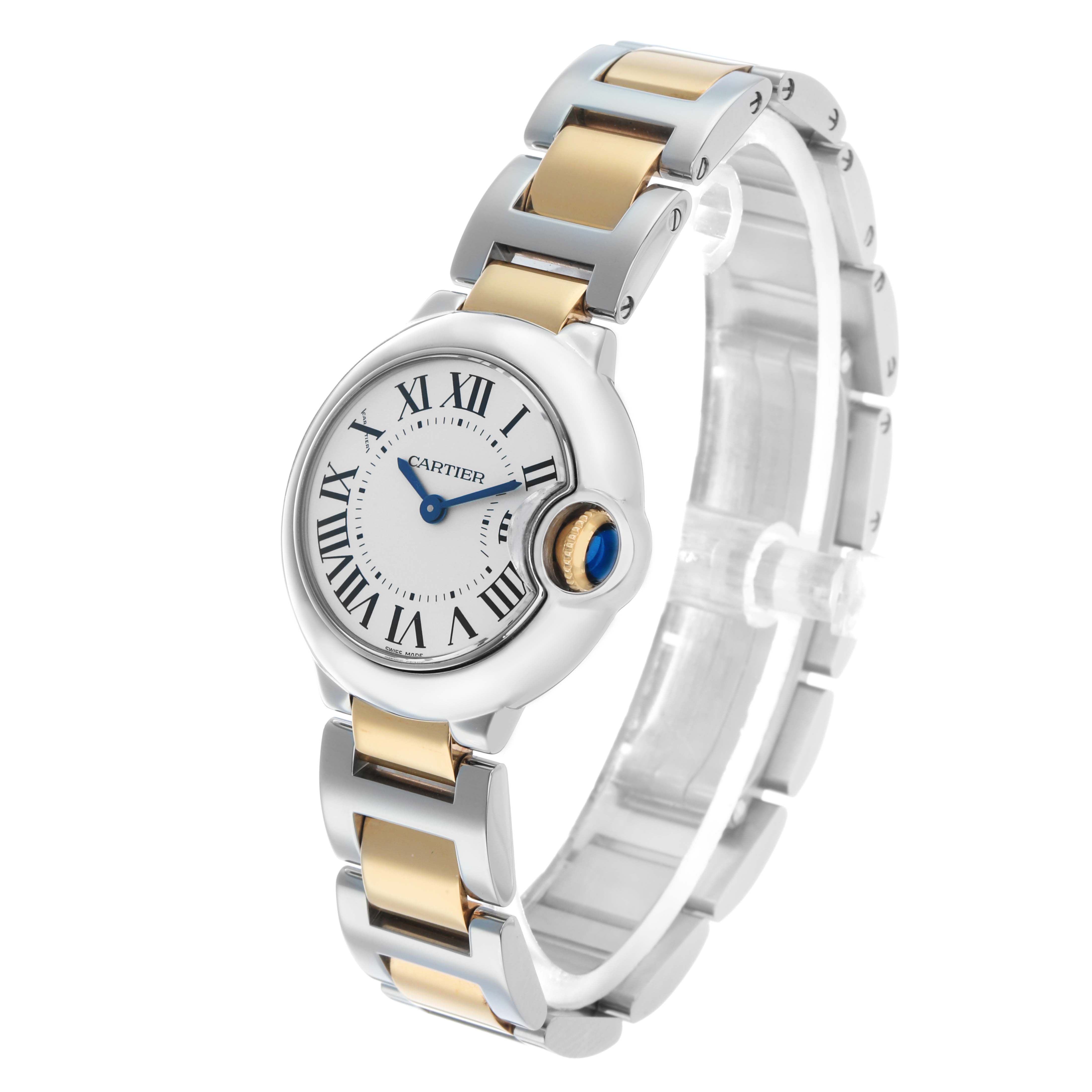 The Cartier Ballon Bleu W69007Z3 Women's Stainless Steel Silver Dial watch is shown at a 3/4 angle, highlighting its face, Roman numerals, blue cabochon crown, and two-tone bracelet.