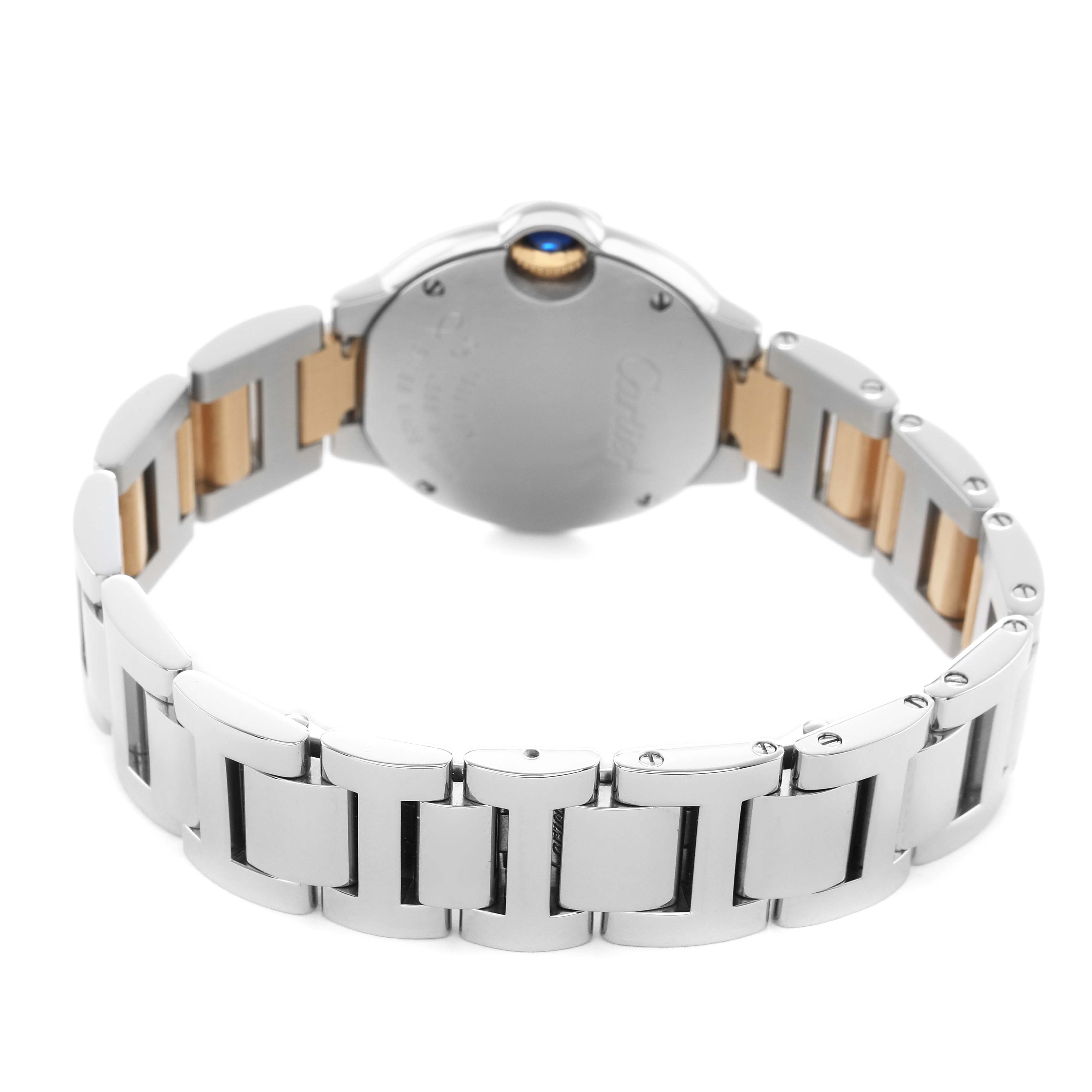 The image shows the back view of a Cartier Ballon Bleu W69007Z3 Women's Stainless Steel Silver Dial watch, highlighting the bracelet and case back.