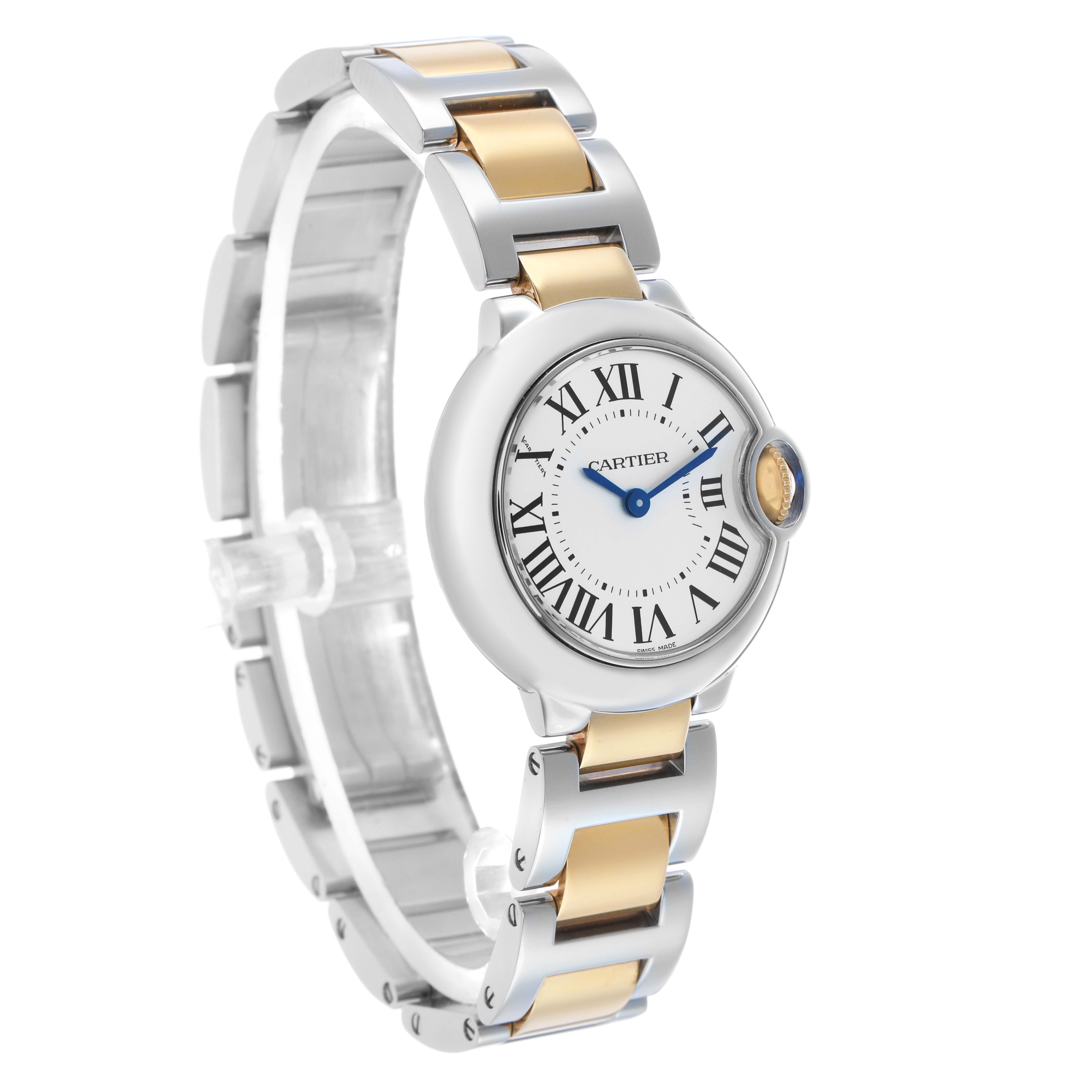 The Cartier Ballon Bleu W69007Z3 Women's Stainless Steel Silver Dial watch is shown at a slight angle, displaying the face, Roman numerals, and two-tone bracelet.