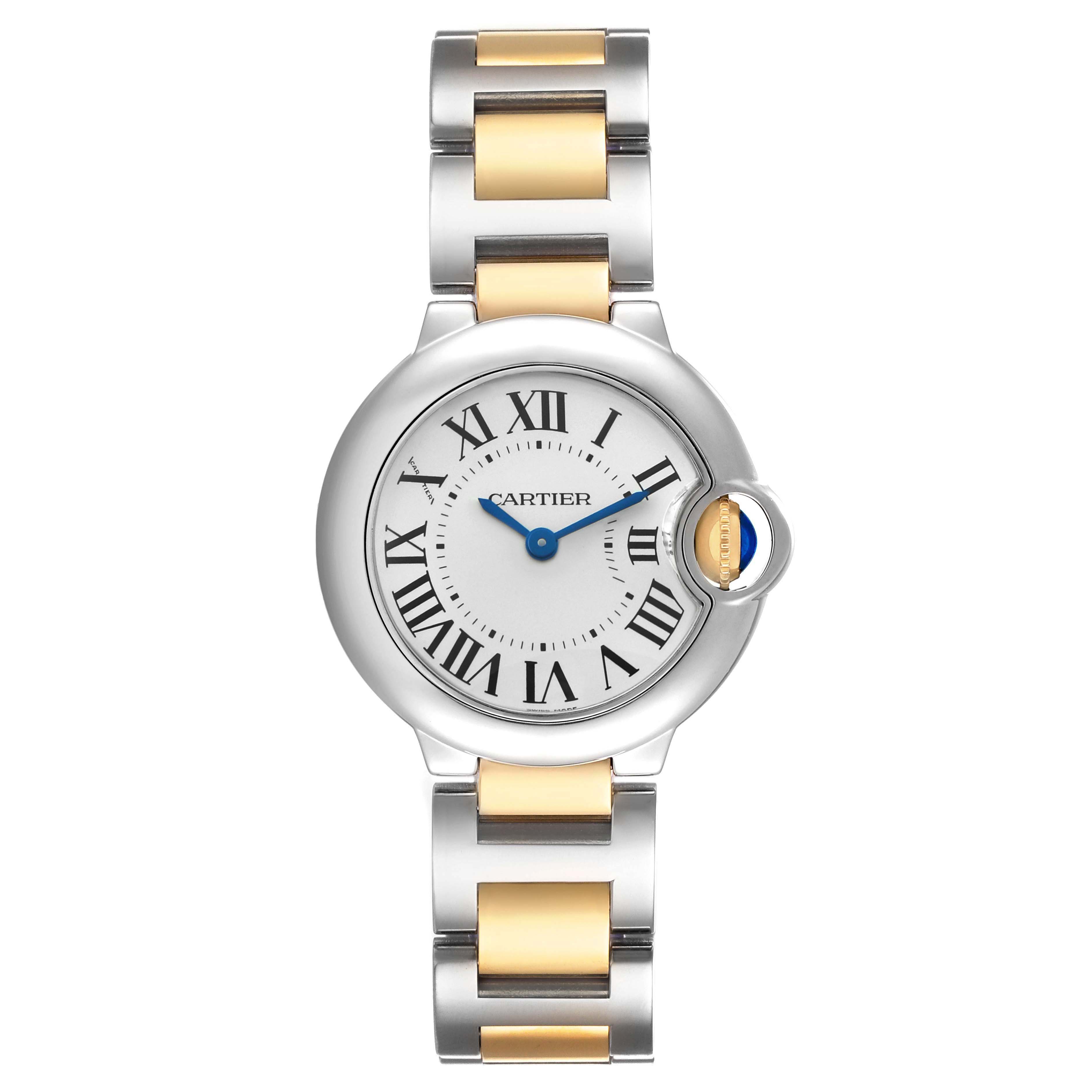The Cartier Ballon Bleu W69007Z3 Women's Stainless Steel Silver Dial watch is shown from a front view, highlighting the dial and two-tone bracelet.
