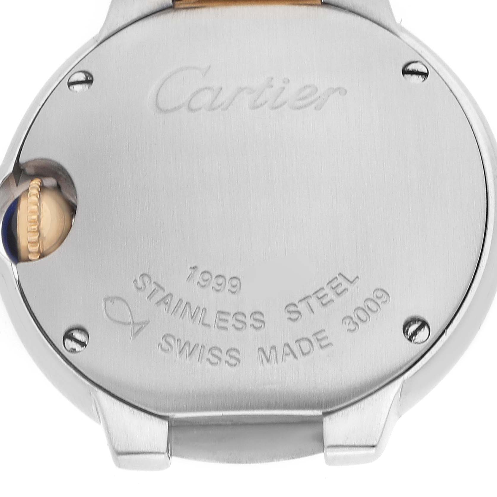 The image shows the back of a Cartier Ballon Bleu W69007Z3 Women's Stainless Steel Silver Dial watch, highlighting its case back and crown.