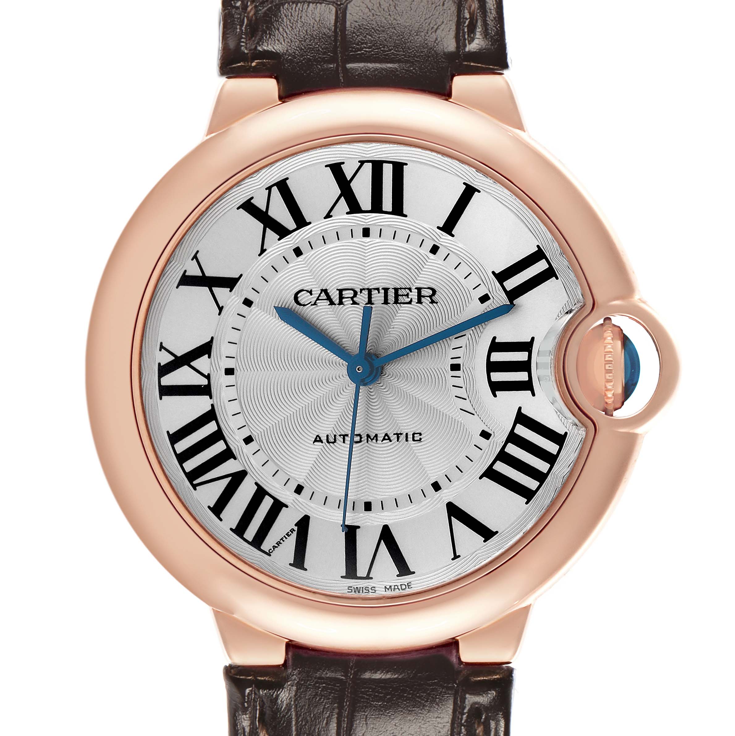 The Cartier Ballon Bleu WGBB0009 Women's Rose Gold Silver Dial watch is shown from the front, highlighting its dial, Roman numerals, and unique crown design.