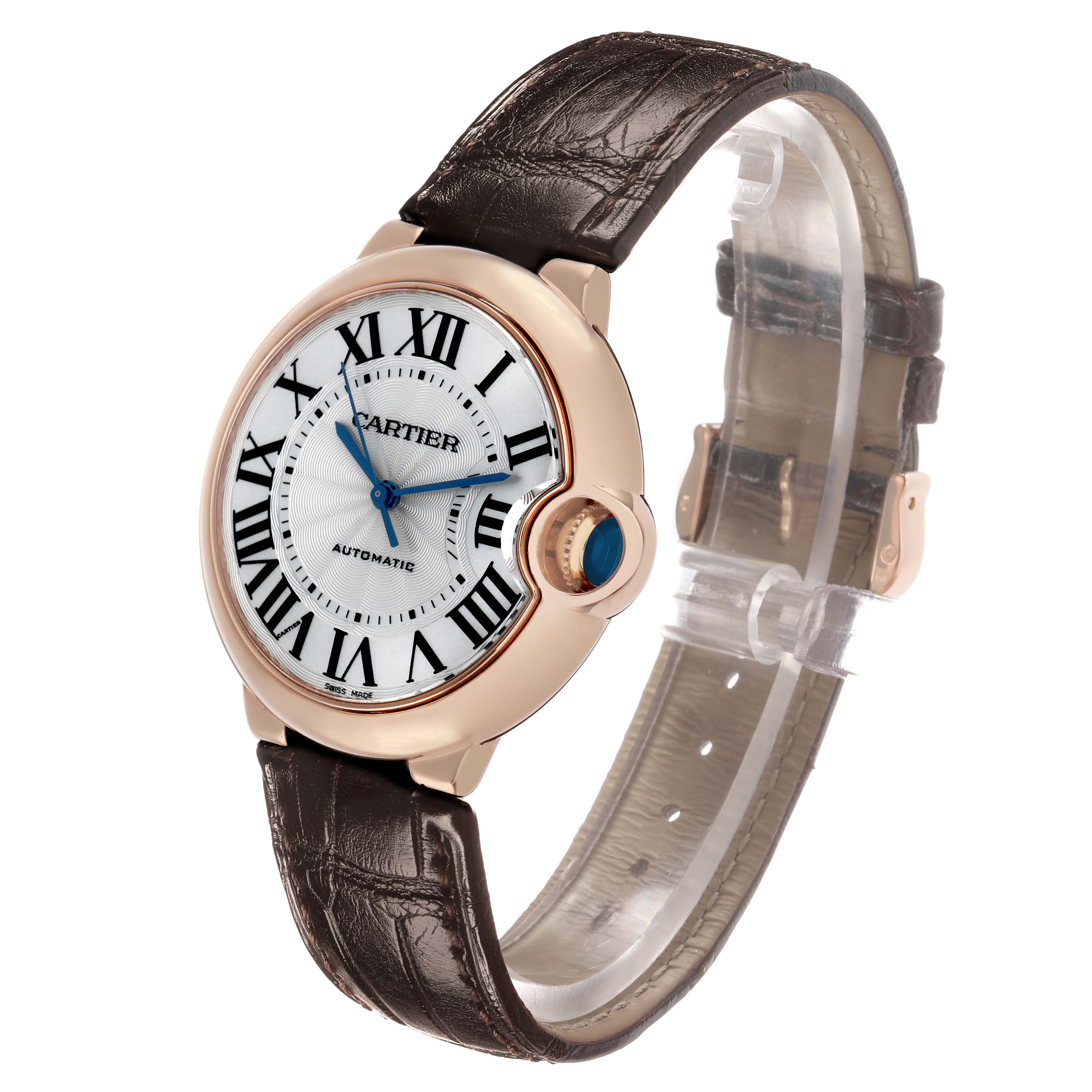 The Cartier Ballon Bleu WGBB0009 Women's Rose Gold Silver Dial watch is shown at a three-quarter angle, displaying the dial, crown, and leather strap.