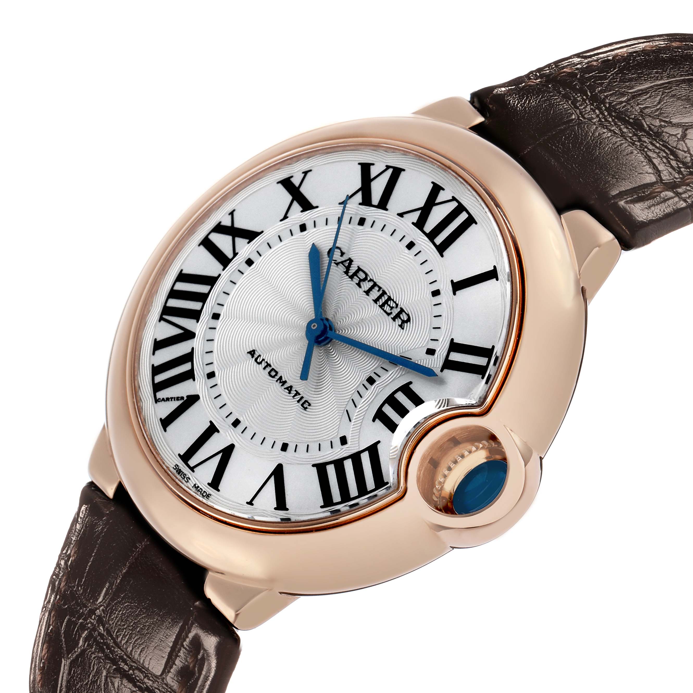 The Cartier Ballon Bleu WGBB0009 Women's Rose Gold Silver Dial watch is shown from the front, highlighting the dial, crown, and part of the leather strap.