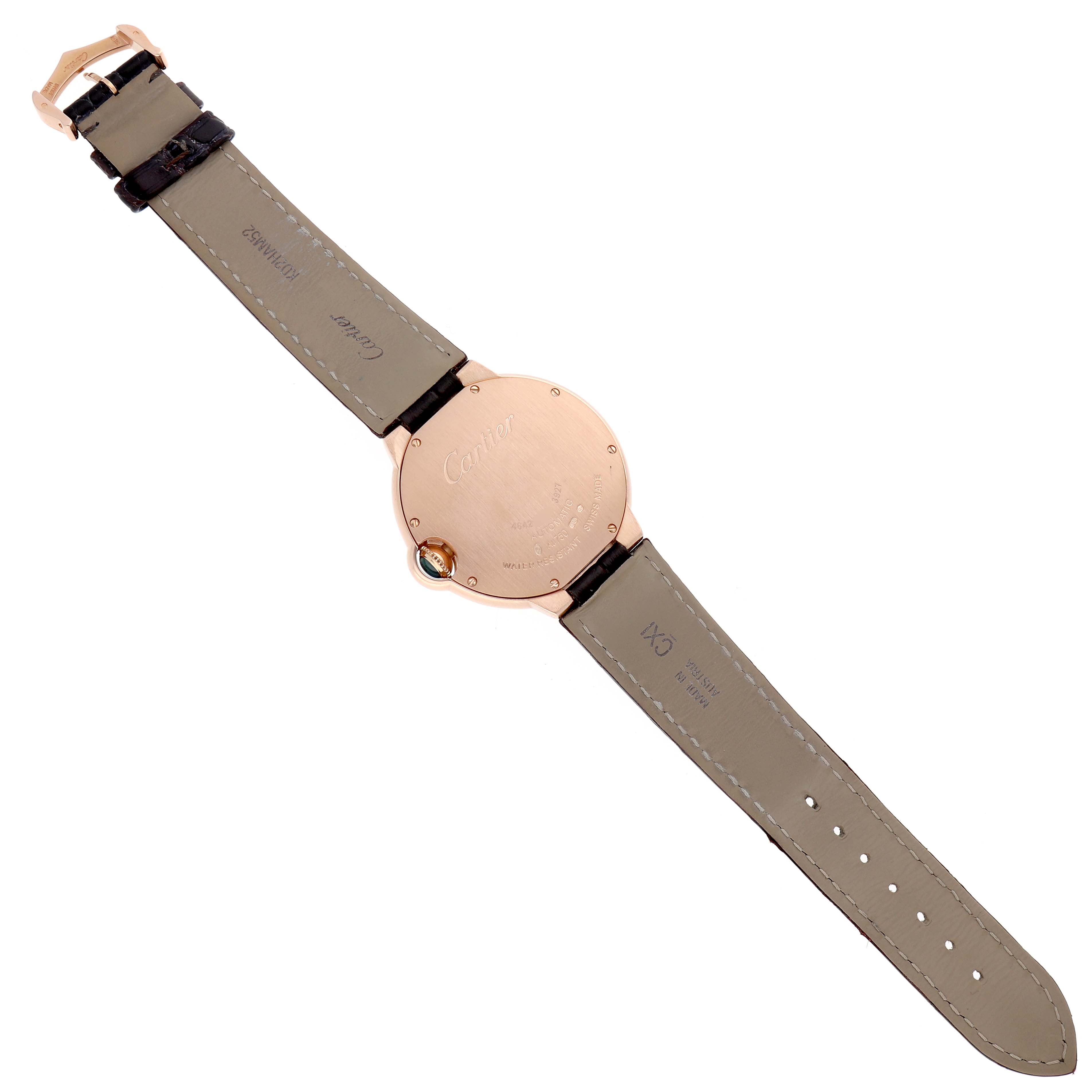 The image shows the back view of a Cartier Ballon Bleu WGBB0009 Women's Rose Gold Silver Dial watch, highlighting the case back, strap, and buckle.