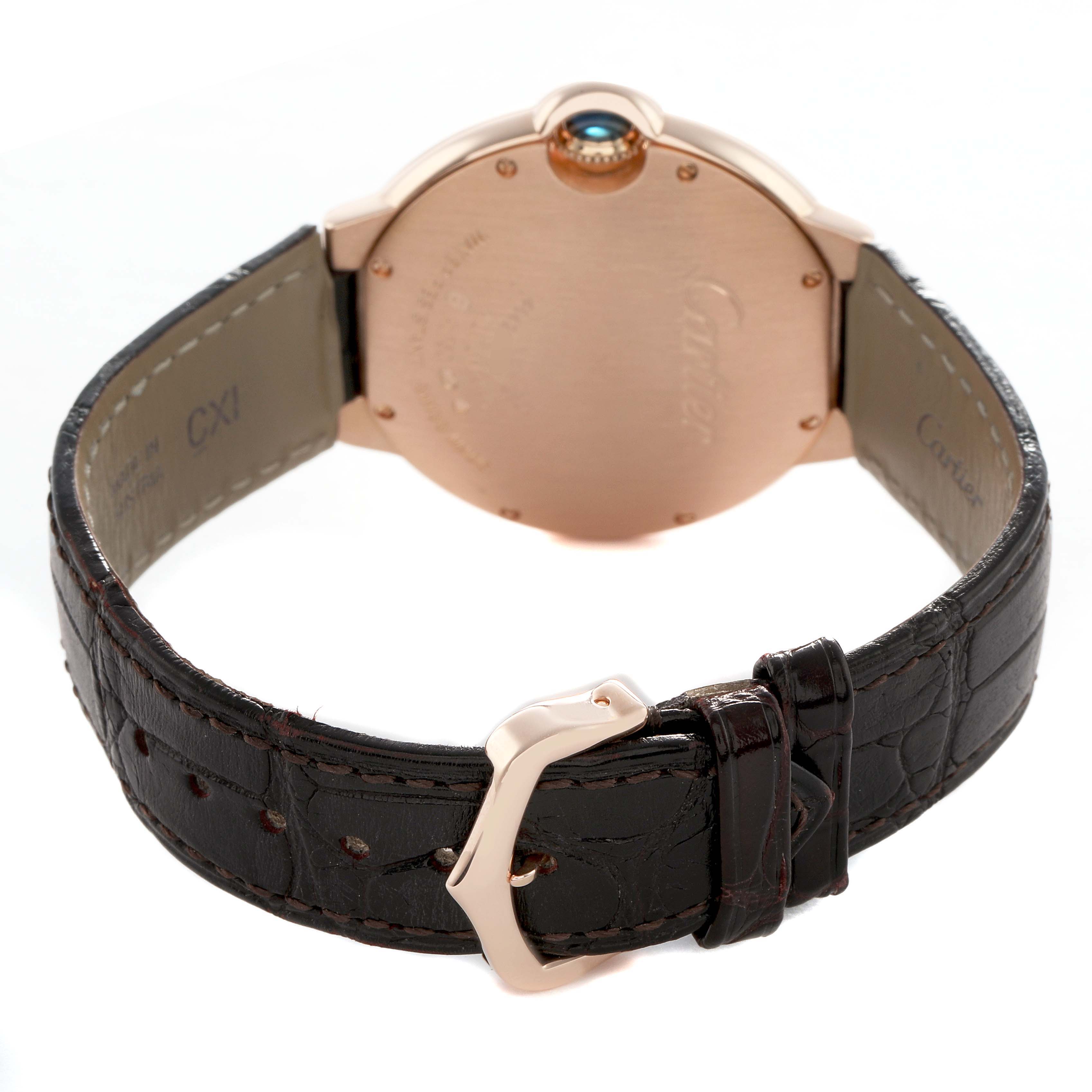 The image shows the back of the Cartier Ballon Bleu WGBB0009 Women's Rose Gold Silver Dial watch and its brown leather strap with a close-up of the buckle and caseback.