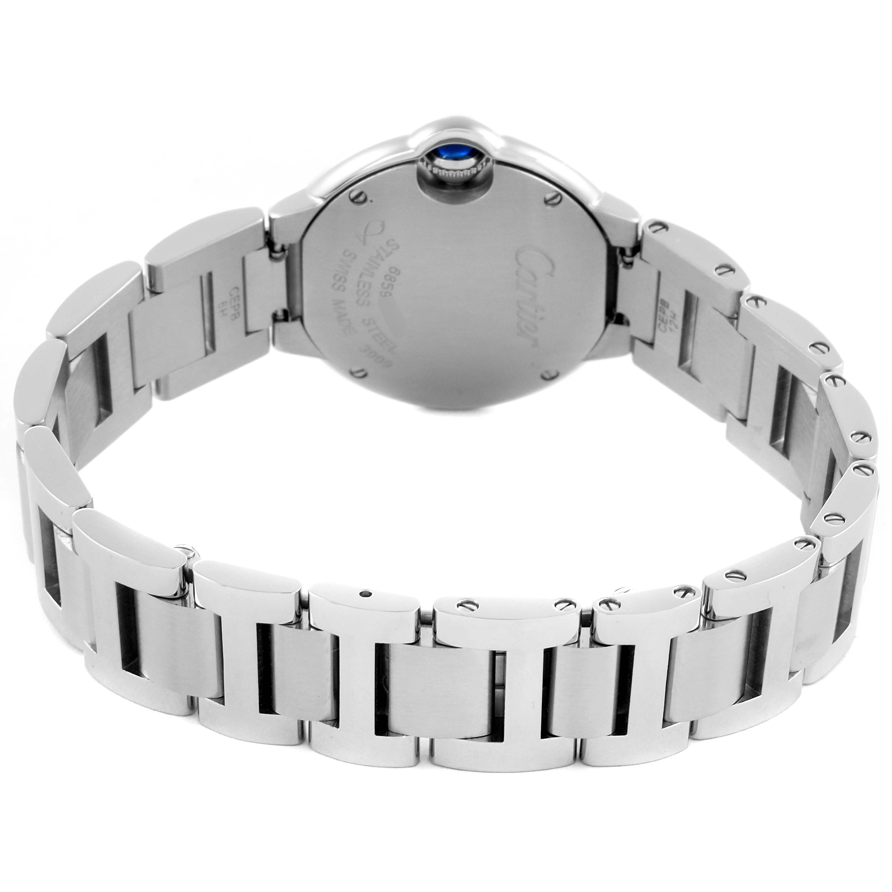 The Cartier Ballon Bleu W4BB0015 Women
s Stainless Steel Silver Dial W4BB0015 Women
s Stainless Steel Silver Dial watch is shown from the back, highlighting the clasp and part of the bracelet.