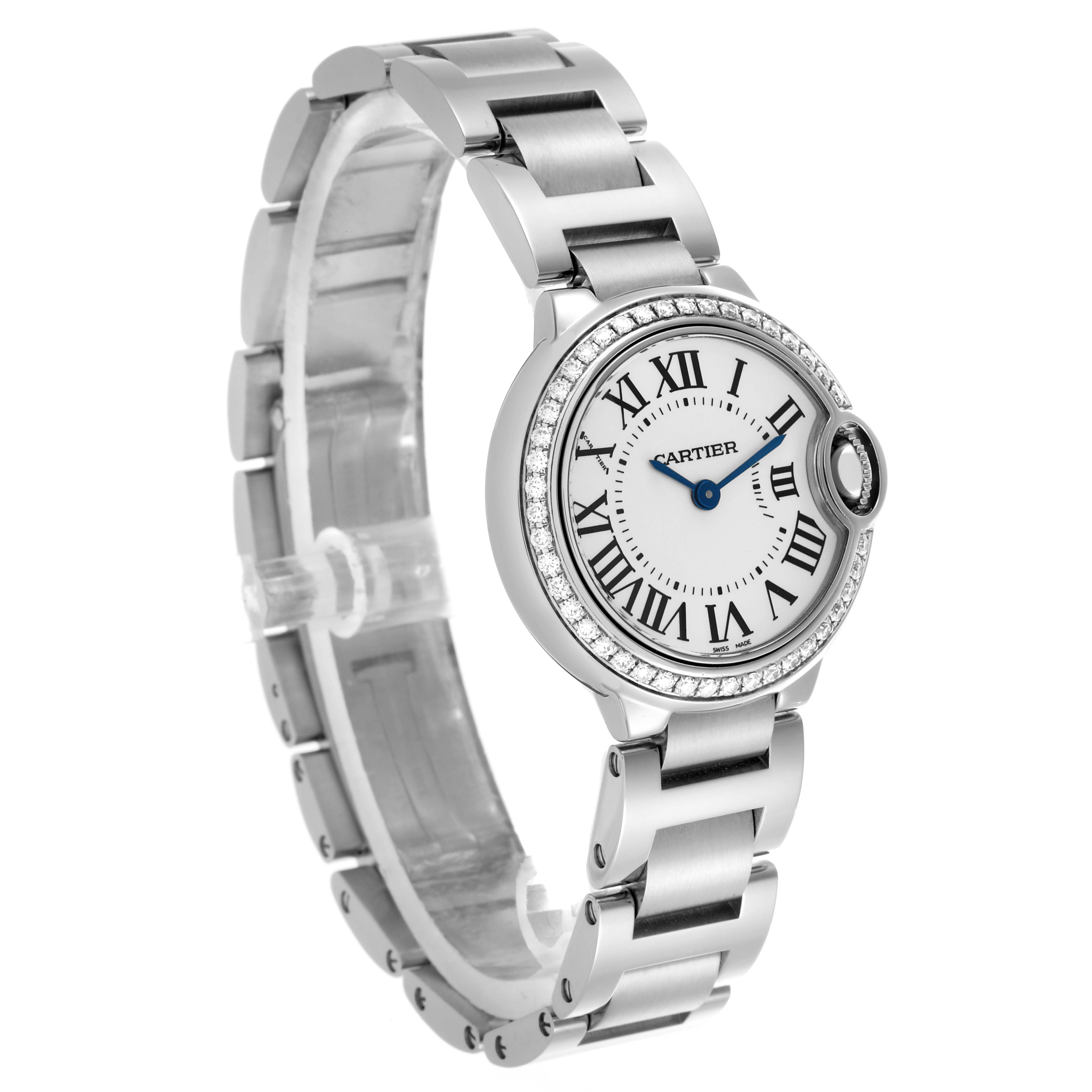 The Cartier Ballon Bleu W4BB0015 Women
s Stainless Steel Silver Dial W4BB0015 Women
s Stainless Steel Silver Dial watch is shown at a three-quarter angle, highlighting the face, bezel, and stainless steel bracelet.