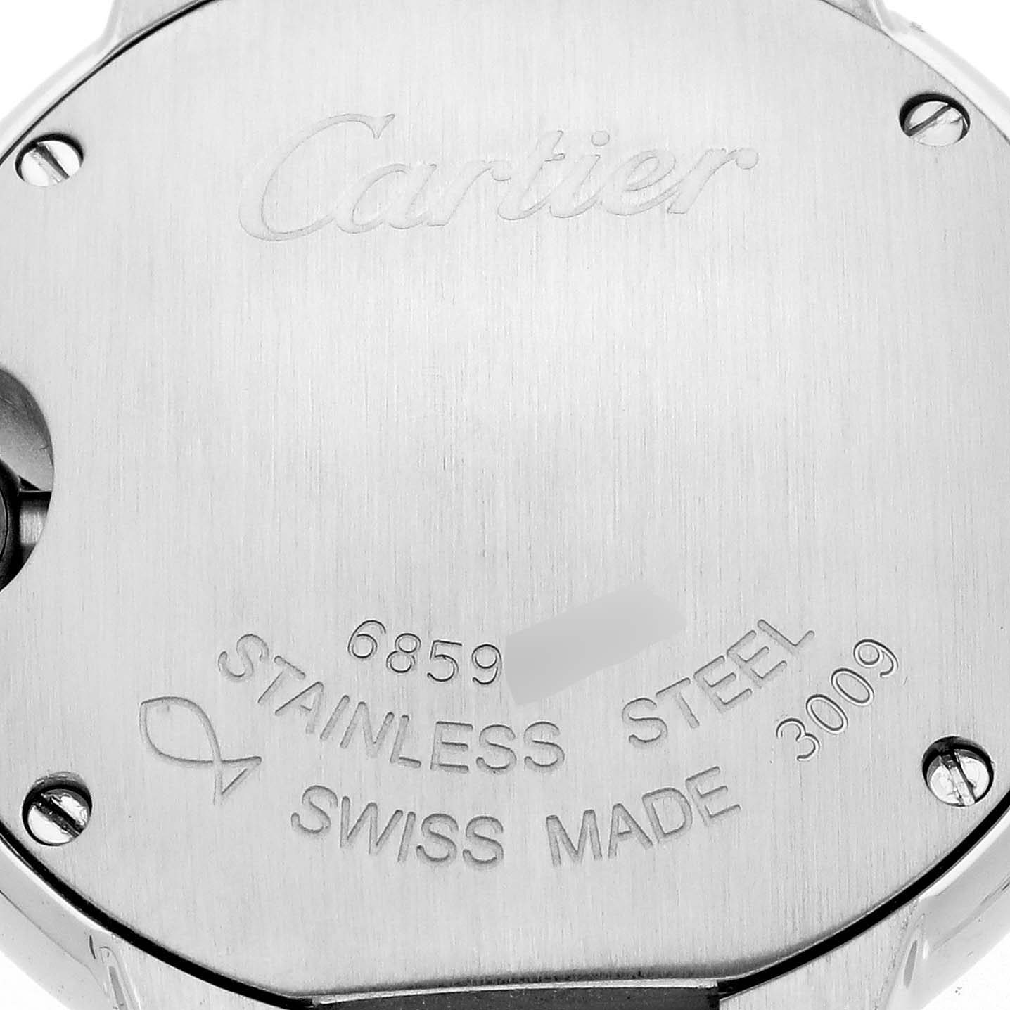 The image shows the back of the Cartier Ballon Bleu W4BB0015 Women
s Stainless Steel Silver Dial W4BB0015 Women
s Stainless Steel Silver Dial watch, featuring engravings and screws.