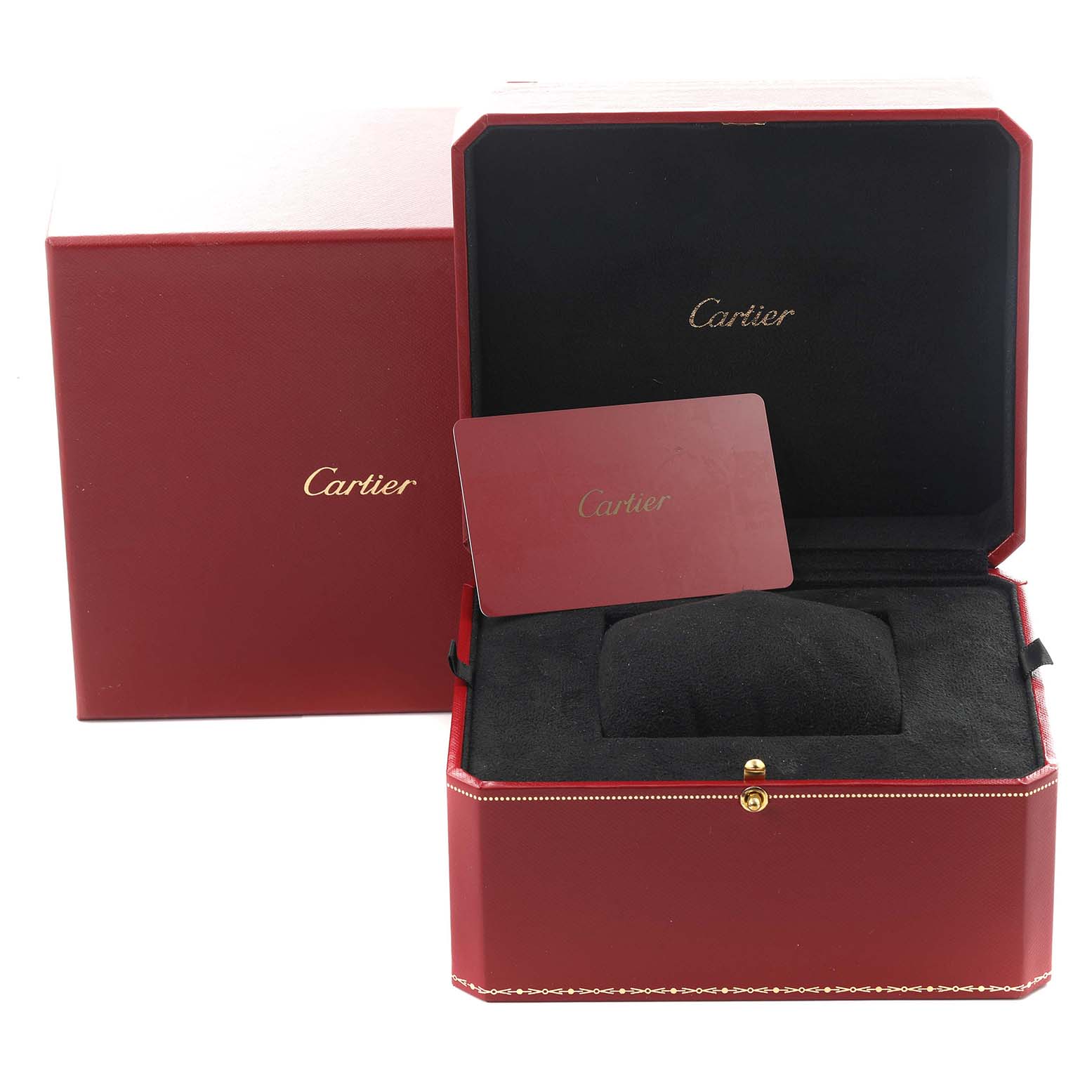 The image shows a Cartier Ballon Bleu W4BB0015 Women
s Stainless Steel Silver Dial W4BB0015 Women
s Stainless Steel Silver Dial watch box, open with a cushion inside, alongside a card and outer box.