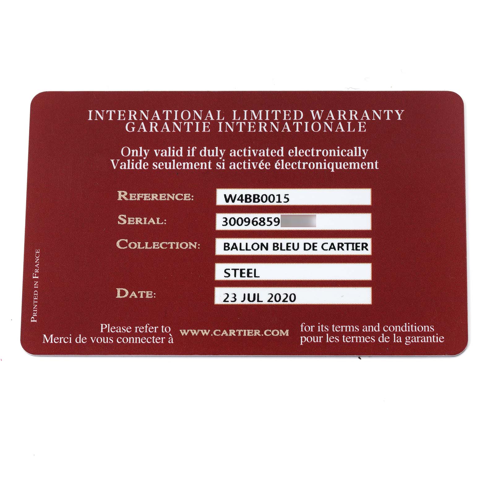 The image shows a warranty card for the Ballon Bleu de Cartier watch.