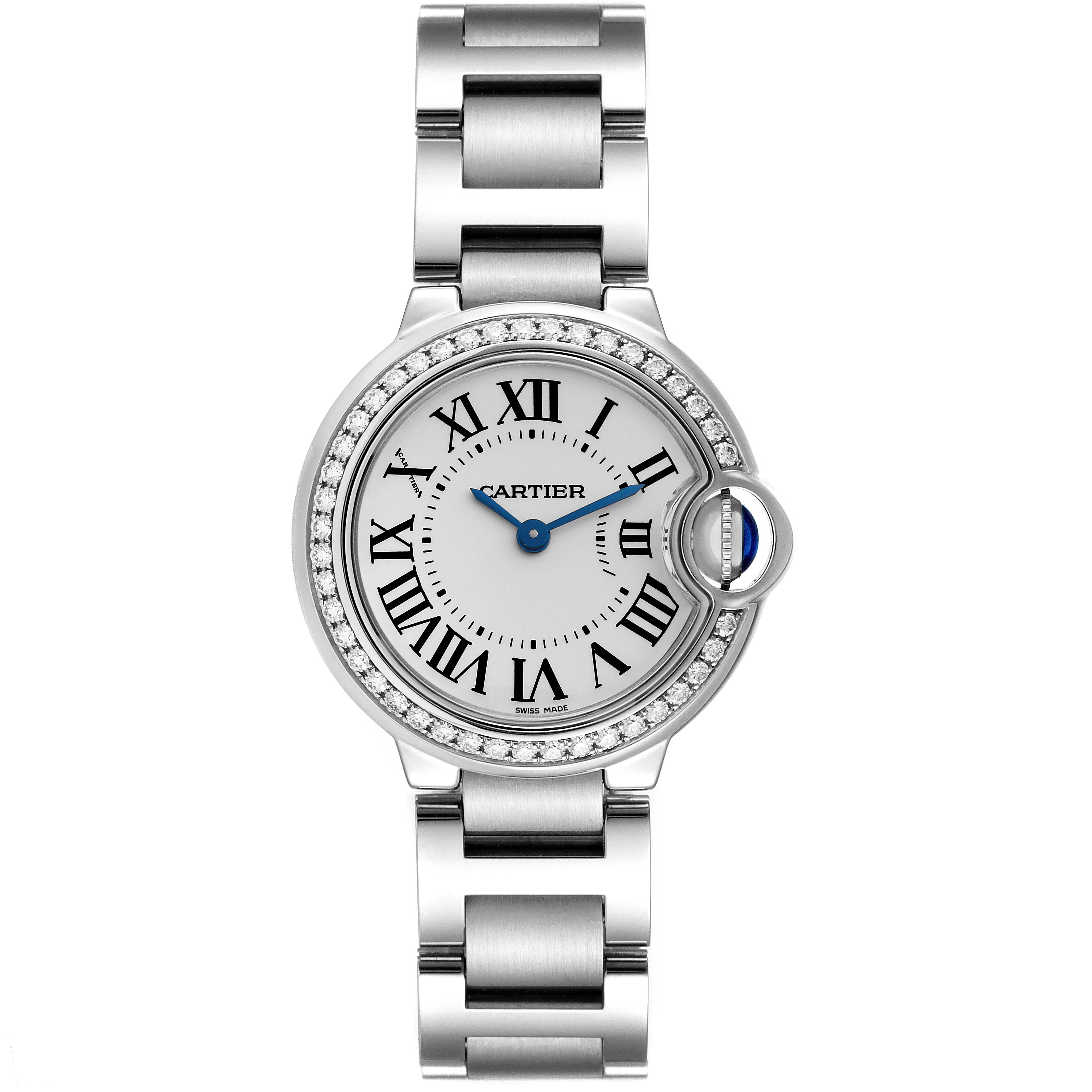 The Cartier Ballon Bleu W4BB0015 Women
s Stainless Steel Silver Dial W4BB0015 Women
s Stainless Steel Silver Dial watch is shown from a front angle, displaying its face, bracelet, and diamond bezel.