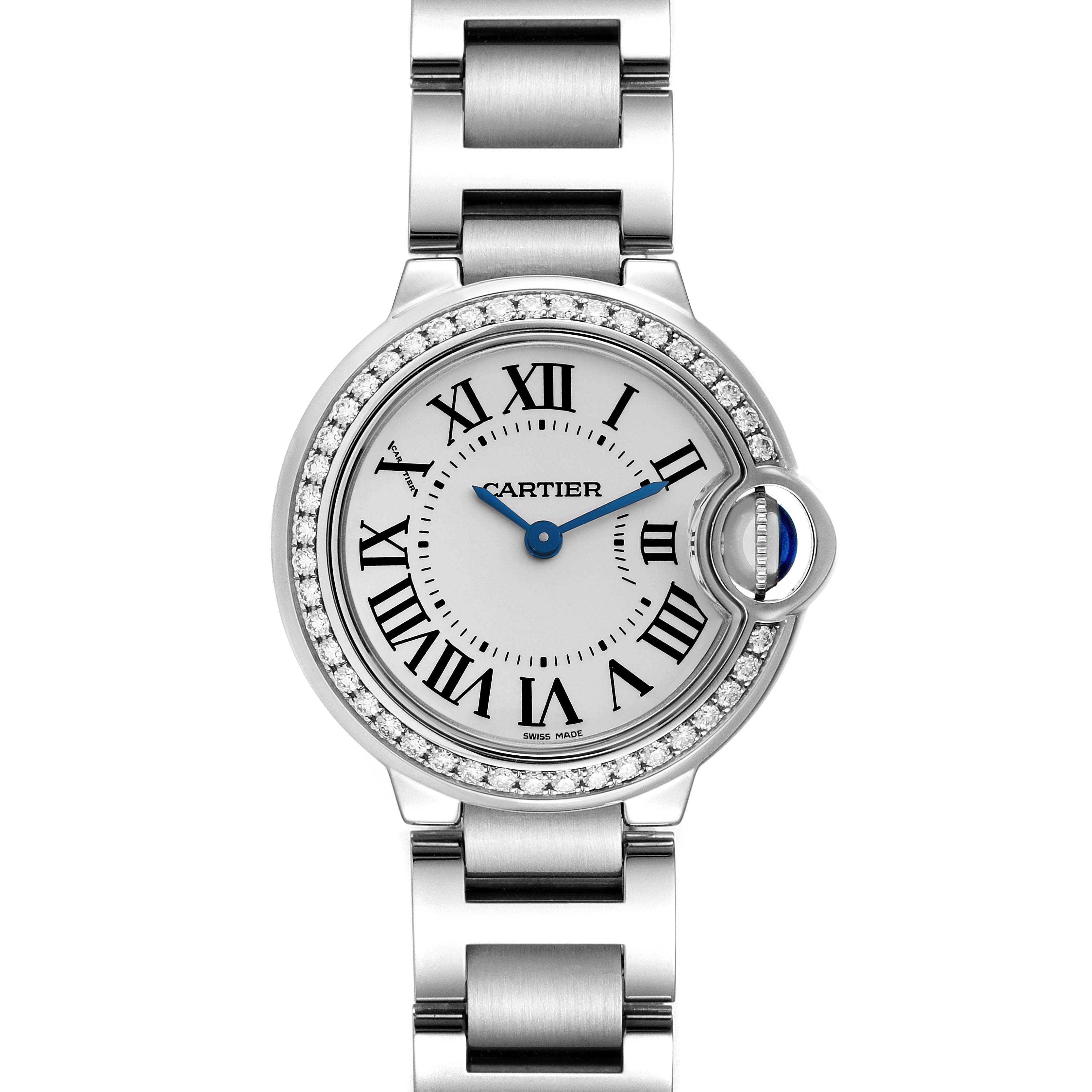 The Cartier Ballon Bleu W4BB0015 Women
s Stainless Steel Silver Dial W4BB0015 Women
s Stainless Steel Silver Dial watch is shown from a top view, highlighting its face, Roman numerals, and metal bracelet.