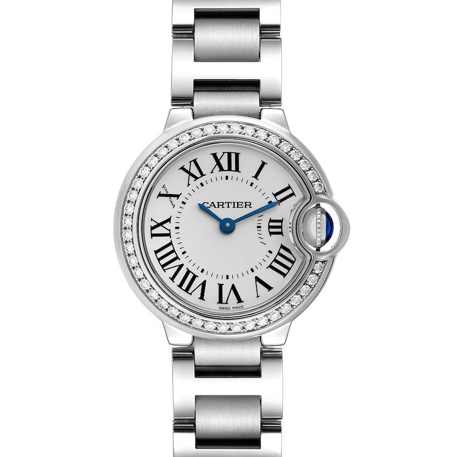 The Cartier Ballon Bleu watch is shown from a top view, highlighting its face, Roman numerals, and metal bracelet.