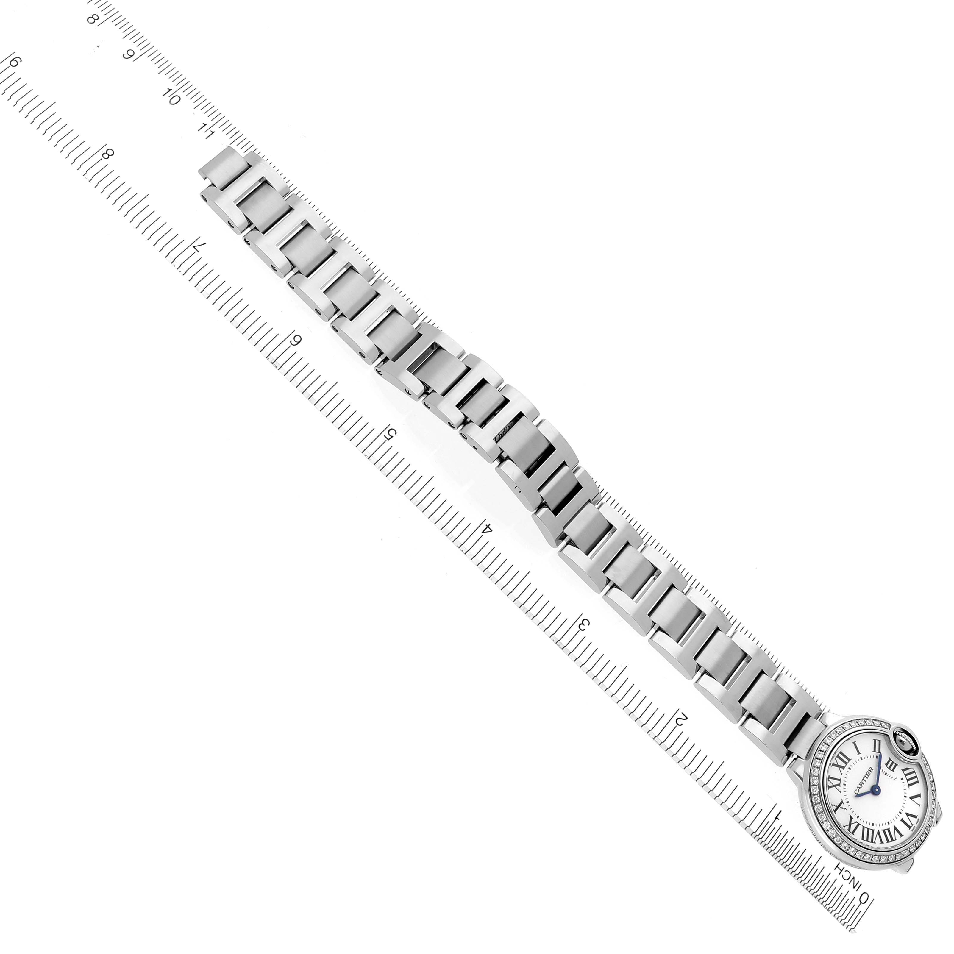 The image shows a top-down view of a Cartier Ballon Bleu W4BB0015 Women
s Stainless Steel Silver Dial W4BB0015 Women
s Stainless Steel Silver Dial watch, highlighting the full bracelet and face.