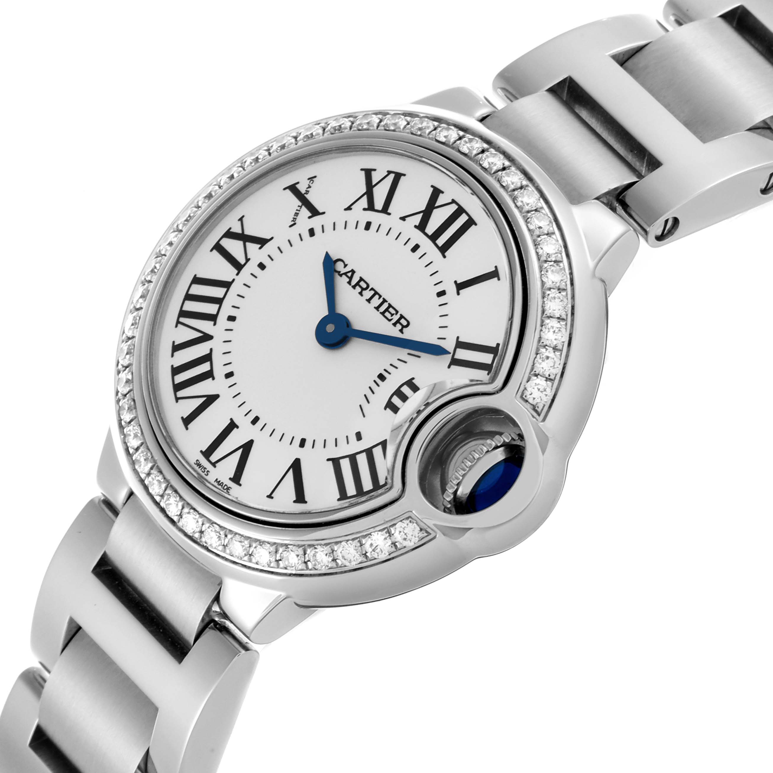 The Cartier Ballon Bleu W4BB0015 Women
s Stainless Steel Silver Dial W4BB0015 Women
s Stainless Steel Silver Dial watch is shown at an angle, highlighting the round face, Roman numerals, and diamond bezel.