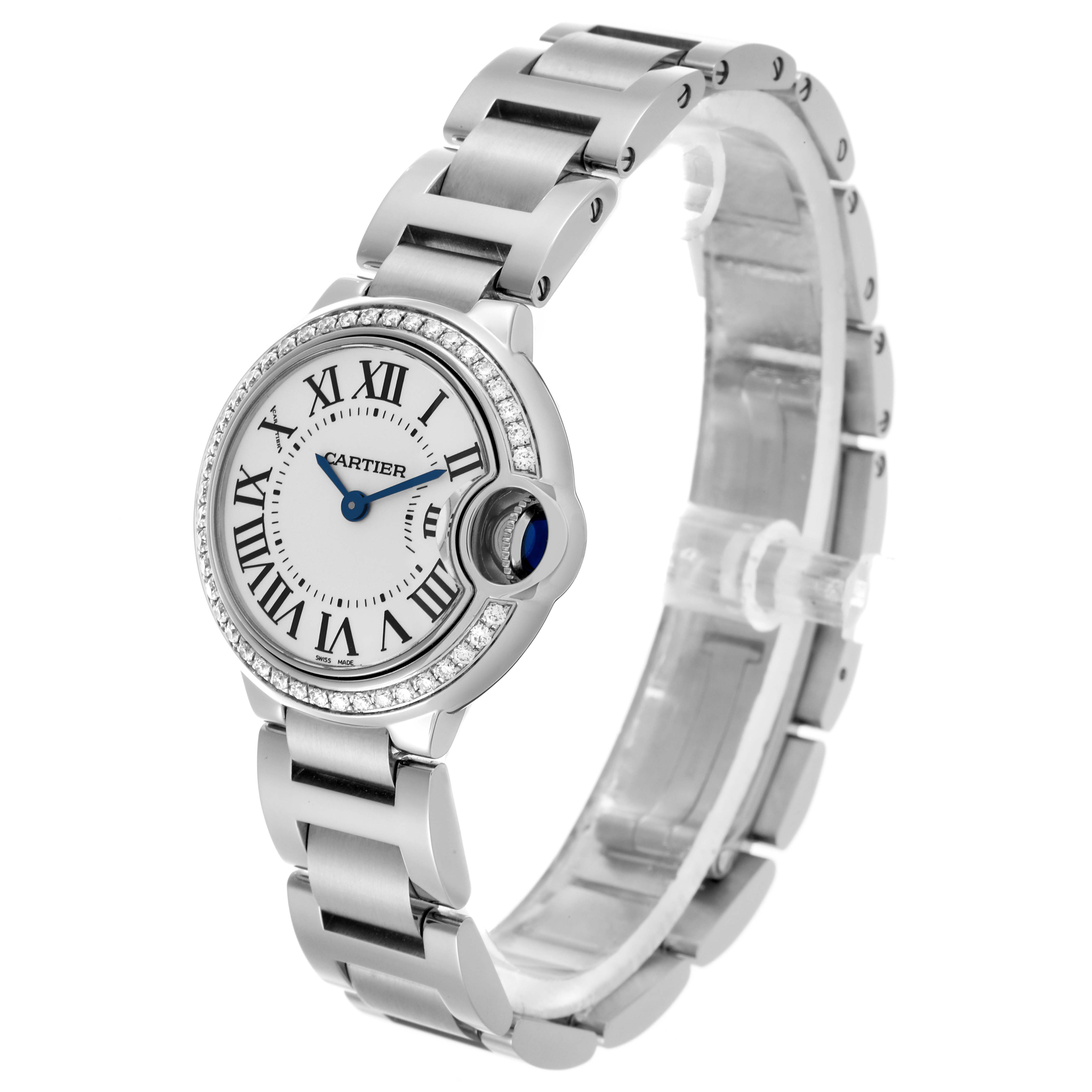 The Cartier Ballon Bleu W4BB0015 Women
s Stainless Steel Silver Dial W4BB0015 Women
s Stainless Steel Silver Dial watch is shown at an oblique angle highlighting its face, bracelet, and crown.